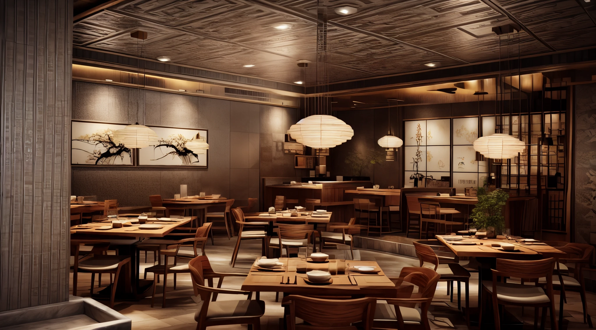 
Taiwanese style restaurant, modern, luxurious, high quality image, gray floor tiles, artistically decorated ceiling