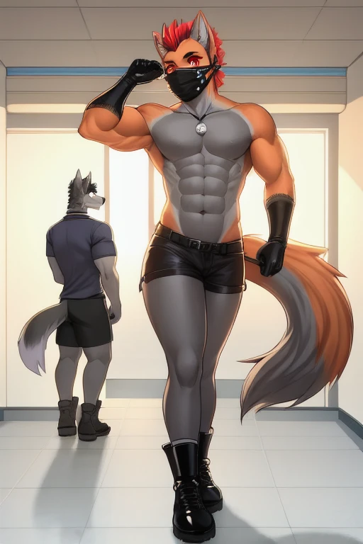 anthro, male, 1boy, solo focus, orange latex, white underbelly, latex fox, dark fur,  ((translucent rubber)), rubber skin, latex body, shiny body, detailed eyes, thin, bare chest, fit, tall, naked, bulge, ((huge bulge)), gripping bulge, masterpiece,  by Meesh