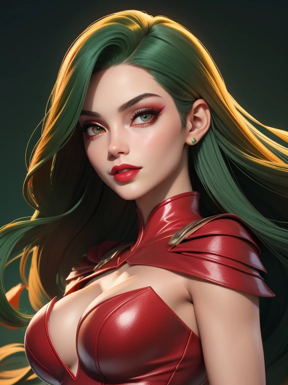 mulher com olhos verdes e cabelo loiro, rosto perfeito, with heart-shaped lips, with red lipstick at night, vestindo com uma roupa de seda vermelha com um decote em V, com um corpo perfeito, em uma festa noturna