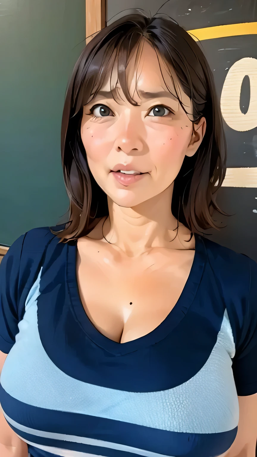 around 30 years old, big breasts　　Close-up of a woman posing in front of a blackboard　 angry face　shirt