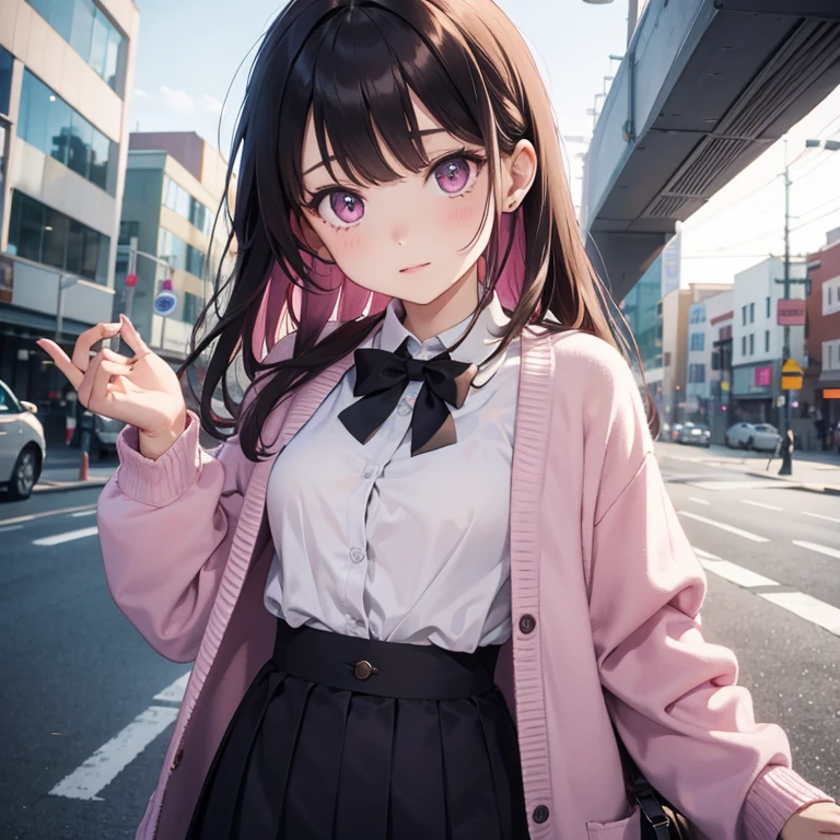 Performs an 18 year old girl, small breasts violet cardigan with white blouse, that her hair reached her shoulders and with brown bangs and pink eyes,