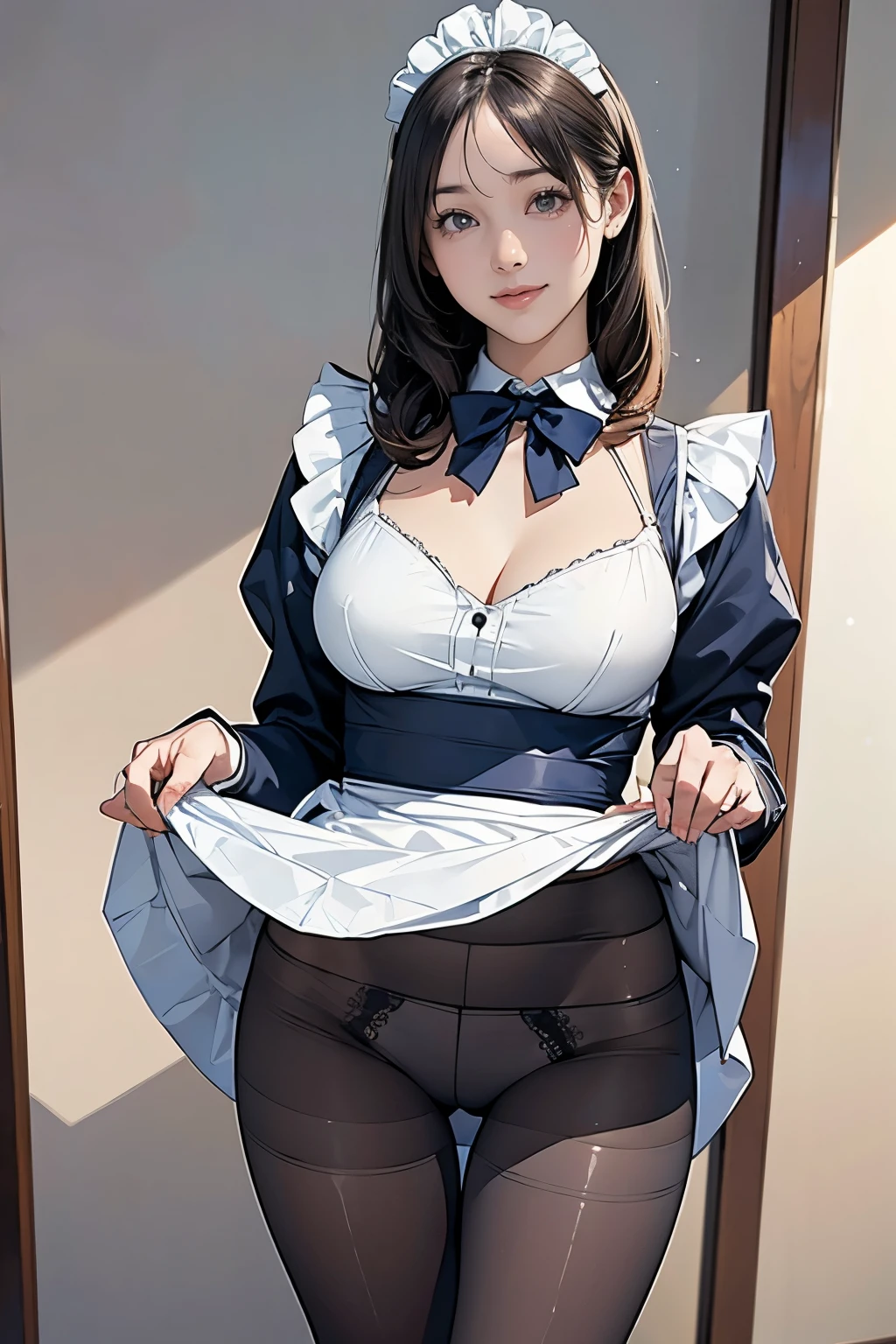(masterpiece:1.2, highest quality), (realistic, photorealistic:1.4), beautiful illustrations、Bow tie watching the audience,Front view, (((Maid clothes))) 30 years old、perfect face, Cute symmetrical face, shiny skin,
random hairstyle、Big eyes, droopy eyes, long eyelashes、beautiful thighs、Tall and beautiful hair, beautiful face, fine and beautiful eyes, beautiful clavicle, beautiful body, beautiful breasts, beautiful thighs, beautiful feet, beautiful fingers,
((fine fabric texture)),
(beautiful scenery),(business office background), Are standing, (smile), (((skirt lift, Panties and pantyhose are visible)))