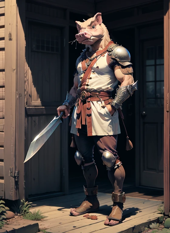 1male, (head to toe: 2.0), (full body image: 2.0), solo, anthropomorphic hog, (head of a hog: 1.3), large, (fat body), muscular, (carrying a large serrated cleaver: 1.4), regal clothing, facial piercings, extremely stylized, deviant art, masterpiece, highly detailed, detailed eyes, expressive detailed eyes, detailed pupils, crown, boots, entire body image, full body shot, nvinkpunk, professional photograph of alexander_skarsgard, tassles, string of large beads, large tassels, ((bald: 1.4)), pale pink skin, wearing full armor
