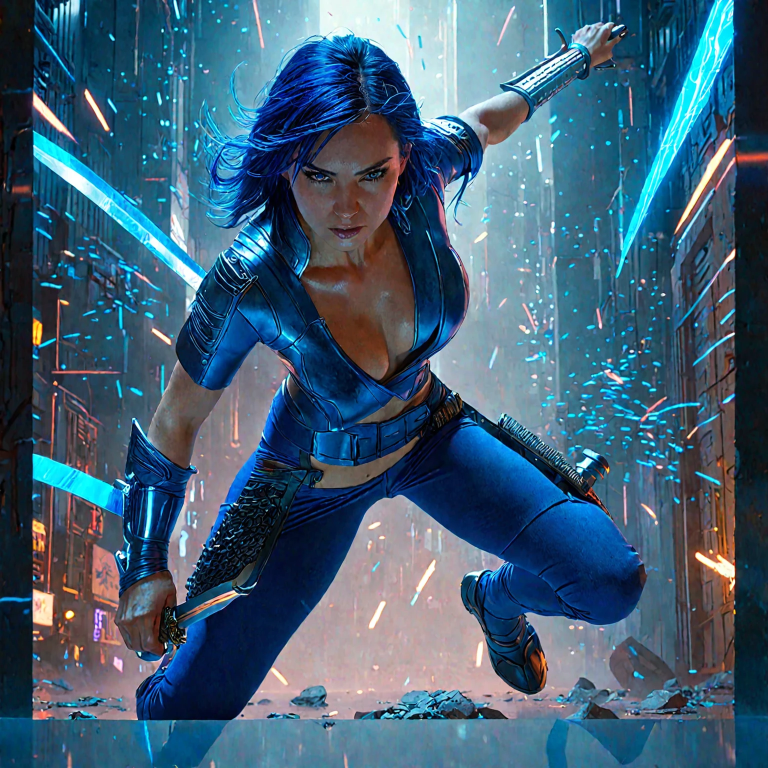 A woman in blue clothes is posing with a sword, Art Germ Julie Bell Beeple, Darius Shokoff, Promotional footage for the film, Art Station Trend In, i hate you, science fiction woman, Trending with ArtStation hd, bad pose, Action glamour pose, Trending with ArtStation.', Cyberpunk Angry Gorgeous Goddess