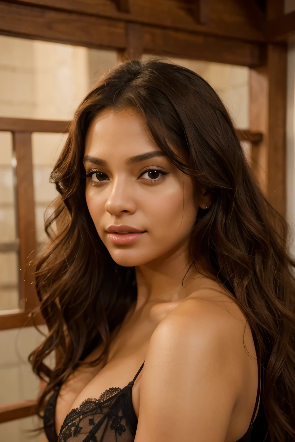 Extremely Attractive, Creole woman 23 years old with hazel eyes and full lips. Very Realistic. Large breast front facing