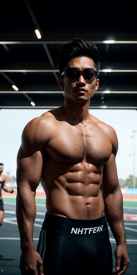 Beautiful adult Asian male college student,25 years old, hairy body, Wears transparent glasses, Military Flathead, wear tights, Standing outside an outdoor track and field, ((Slim, muscular)), Full chest muscles,swelling of chest muscles,Has six-pack abs、Strong fitness man,Running hard on the field,photoactual, photo, masterpiece, actual, realism, photorealism, high contrast, photoactual digital art trending on Artstation 8k HD high definition detailed actual, detailed, texture, hyper detailed, actual texture, armature, best quality, ultra high resolution, (photoactual:1.4),, High resolution, detailed, raw photo, Sharp Re, by lee jeffries nikon d850 film stock photograph 4 kodak portra 400 camera f1.6 lens rich colors hyper actual lifelike texture dramatic lighting unrealengine trending on artstation cinestill 800,
