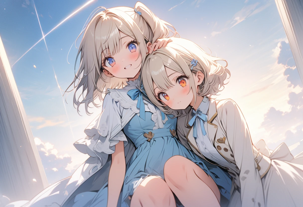 ((masterpiece)), ((highest quality)), ((High resolution)), ((Highly detailed CG integrated 8k wallpaper)), (She is long blonde hair with half up side tails and orange eyes), beige blazer, and thin red ribbon across chest and whi(short bob silver hair, dark blue eyes), white blazer, big blue ribbon on the chest, cute, (two persons), white blubbery coat, (full body), ((masterpiece, top quality, very detailed)), anime, girl, skirt , te ruffled coat, (short silver hair, indigo eyes), white blazer and large light blue ribbon across chest, close friends, lovers, two people, masterpiece, best quality, extremely detailed, anime, girl, skirt , fantastic midnighit , dreamy, Two hairpins in the front, ((tilt one&#39;s head, View from the front:1.2)), ((squat with legs apart)), 