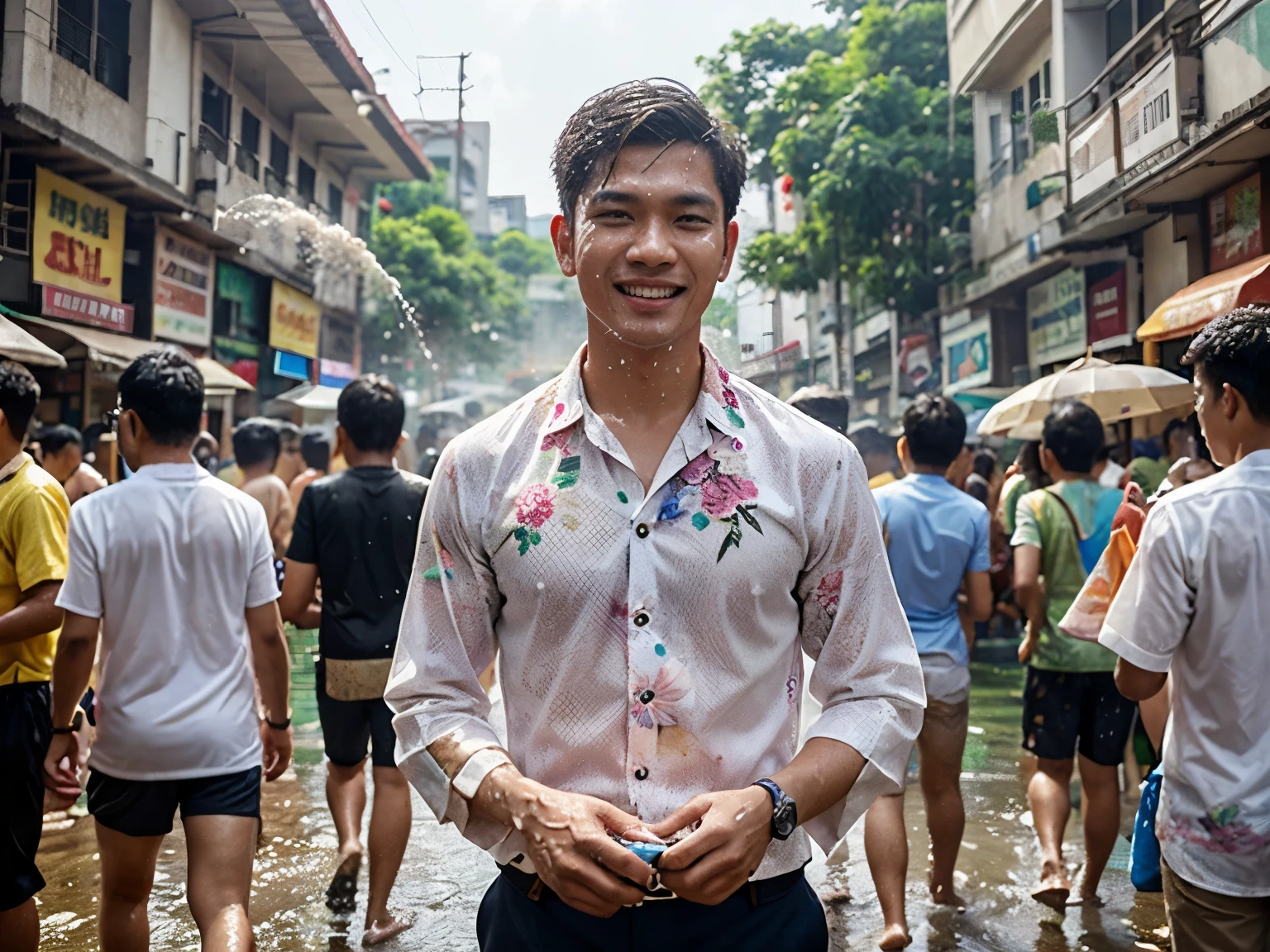 Masterpiece, height, best quality, Highly detailed, Celebrate Songkran Festival with these vibrant images! The lively atmosphere of Songkran Day brings joy to everyone. Men wearing long sleeve shirt formal uniforms He hung his employee ID card around his neck. stand in the center of the image, holding open Laptop and water gun, Carrying a bag, People wearing colorful floral-patterned shirts are splashing and spraying water all around, adding to the excitement. It's a picture full of fun and freshness of the Songkran Festival, street location