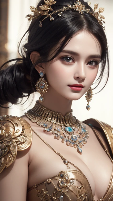 Close-up of the head and chest of a beautiful and lovely woman., Her chest is decorated with wind pipes, which gives her a unique and fashionable look.. Highly detailed digital renderings capture every aspect of her beauty., From her delicate features to her intricate pipes..