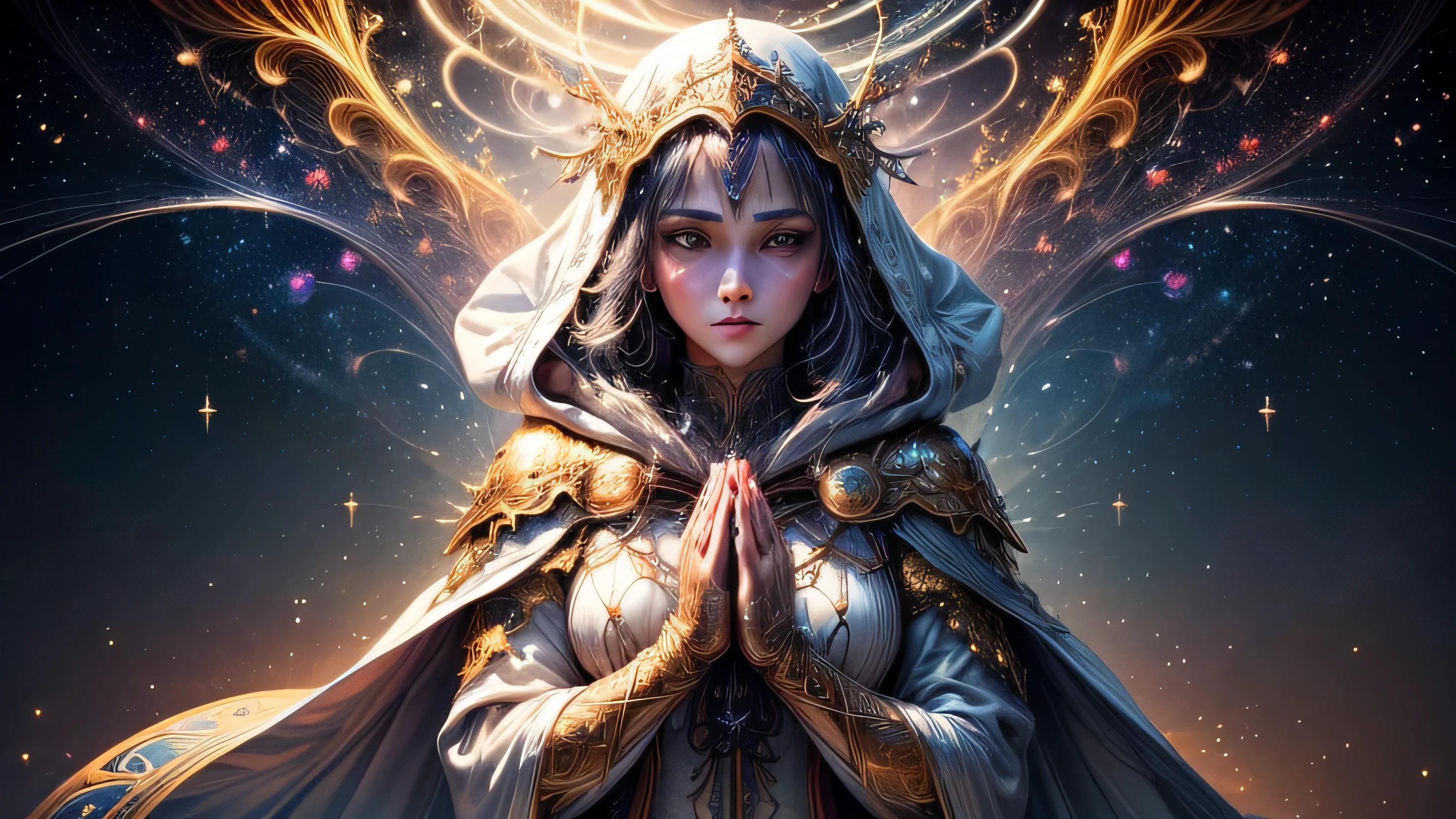 (masterpiece, top quality, best quality, official art, beautiful and aesthetic:1.2), (1girl), extreme detailed, (fractal art:1.3), colorful, highest detailed, perfect face, upper body, HDR, (praying:1.3), (white cloak golden lines:1.2), galaxy, (light streaks), striking visuals, (dynamic streaks, luminous trails:1.2), vibrant colors,