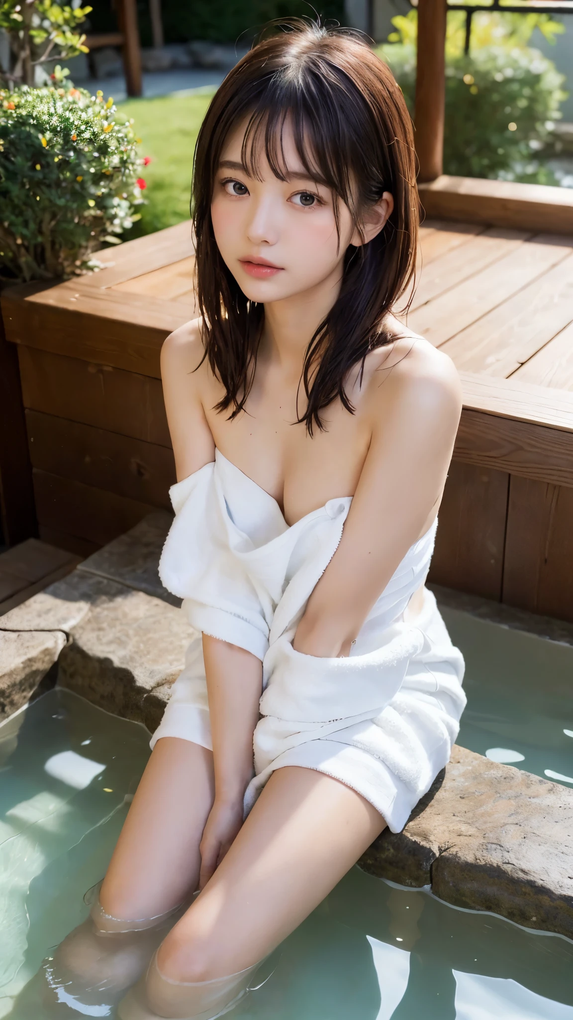 (night:1.7), east asian architecture, 1 female,sitting on the tatami, brunette colored hair,(hair between the eyes), lip flap, (:1.3),(beautiful shiny straight short long:1.3),beautiful fingers,beautiful long legs,beauty body,cute nose,beautiful character design,perfect eyes,Perfect face,looking at the viewer,(innocent_big_eye:1.0),(light_笑face:0.3),official art,Highly detailed CG Unity 8K wallpaper、bright_front_face_lit,(master piece:1.0),(Highest_quality:1.0), 超A high resolution,4k,super detailed, photo shoot, 8K, nffsw, High resolution, absurd:1.2, kodak portrait 400, film grain, lens flare glow, (beautiful_face:1.5),8K,Raw photo, 、Relax in a Japanese hot spring inn、(The subject is the first hot spring trip with a girl:1.3) (Draw an open-air bath more widely:1.2) (girls are not subjects:1.3) The hotel room is messy (Girl standing on balcony:1.3) (hair after bath:1.3),((I was naked and placed a small handkerchief towel next to him.:1.3)) ,(hair is wet:1.3),((beautifully depicts depth and width:1.3)),((An open-air bath surrounded by a Japanese garden and giant rocks, With just two small lights.:1.3)),((You can see a beautiful starry sky.:1.3))(Hide your erogenous zones with a small handkerchief towel in the open-air bath:1.2)(girls are not subjects:1.3),((white and soft skin:1.3)),(((Looks like a whole body:1.3))(We have beds for sex.:1.2)the girl is naked in bed((The open-air bath is a wooden bathtub surrounded by large natural stones..:1.3))