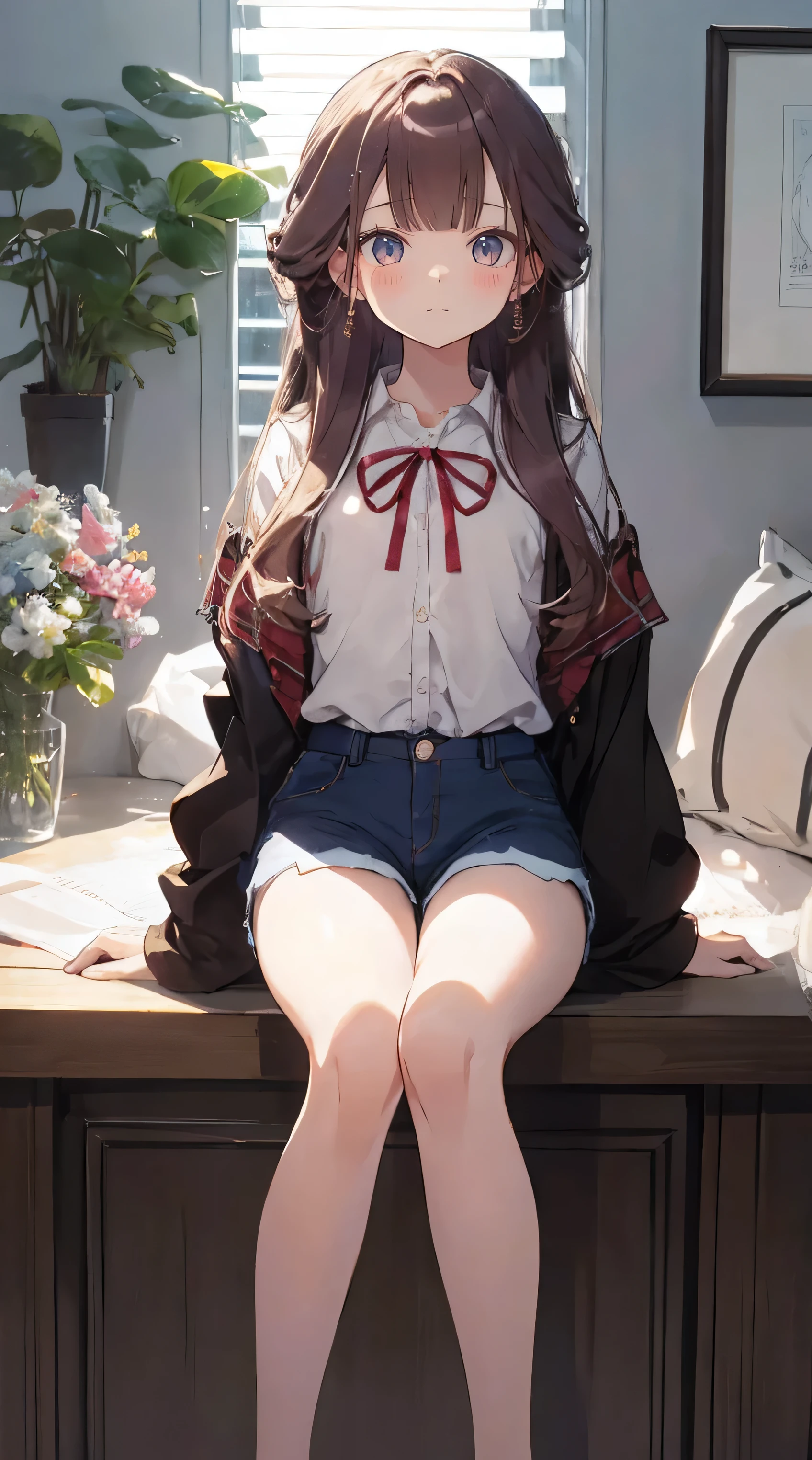 master piece、Highest image quality、highest quality、 ((panic))、glossy hair quality、small face、sitting、Super detailed and beautiful bright eyes、Super detailed clear and beautiful face、(cute illustration:1.2), High-resolution, ultra-detailed, best quality, embarrassed、(Gaps in shorts)、(cute underwear)、physical education sitting