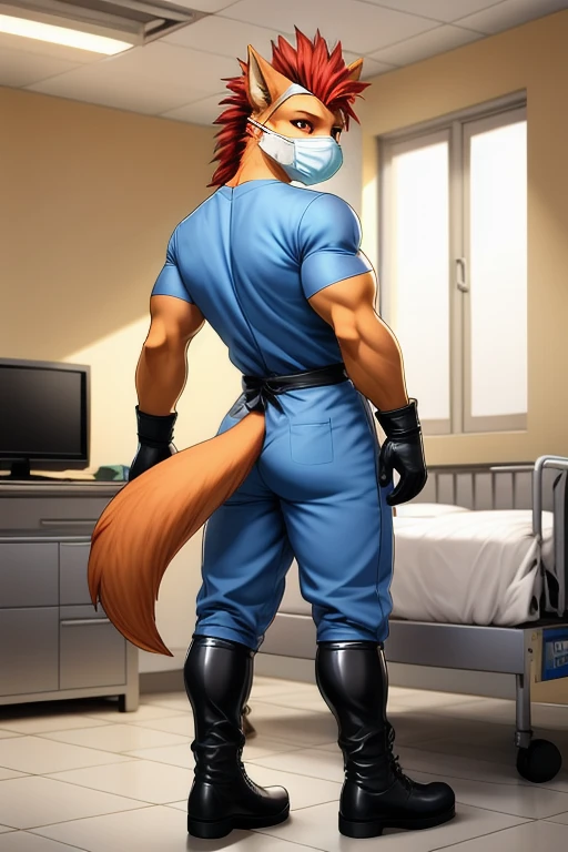 Furry, anthropomorphic wolf, orange fur, red hair, mohawk hairstyle, red eyes, 50" Chest, 21" Shoulders, 17" Biceps, 36" Waist, 25" thighs, 17" calves, 20" back, wearing surgical mask, wearing black bandana around forehead, wearing Blue men's nursing scrubs, wearing black leather boots, wearing protective gloves, Hospital scene, soft shading, soft colors, vivid colors, pastel colors,