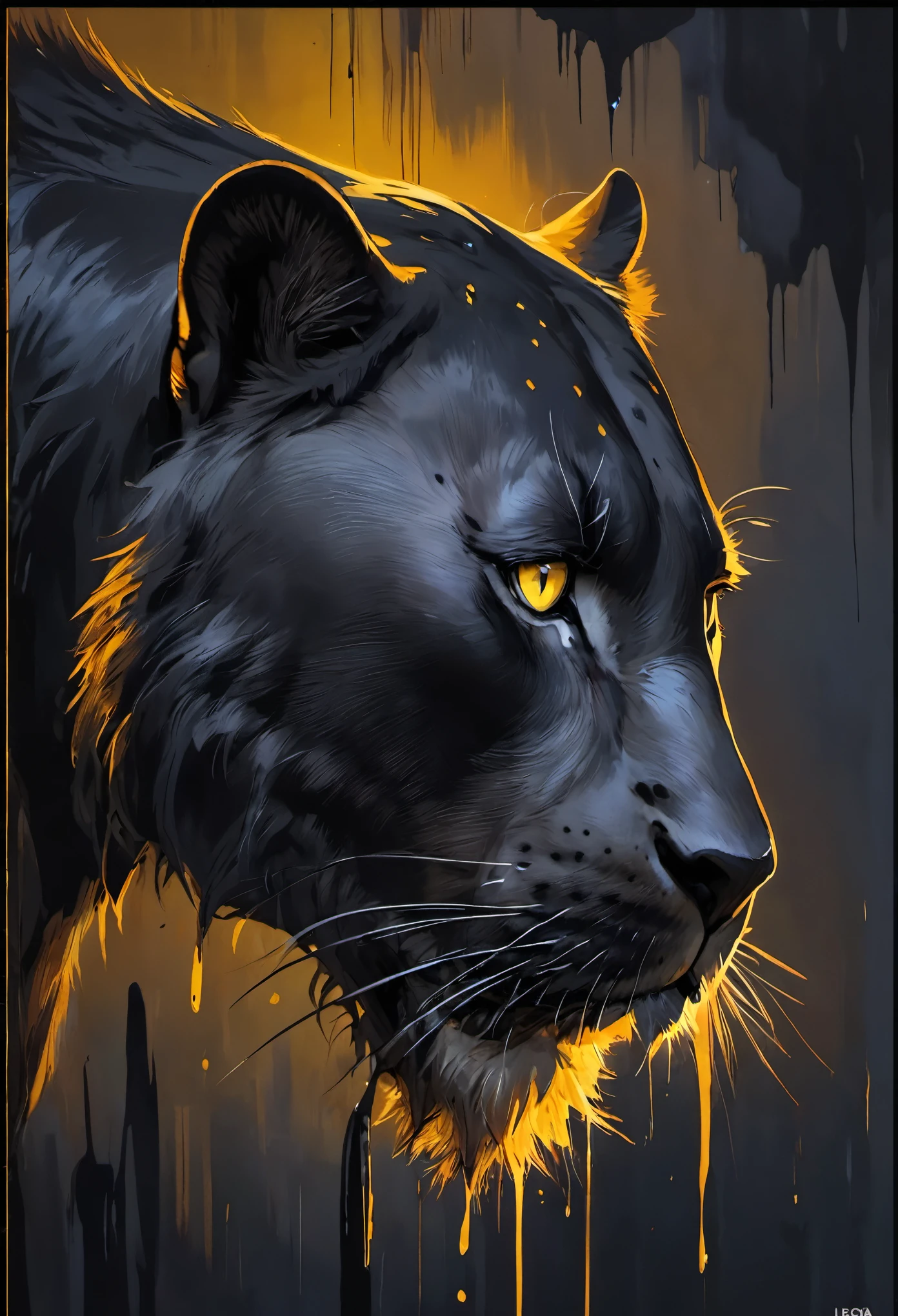 painting of a black and gold lion with yellow eyes, Pantera, foto de animal de arte digital, dramatic cinematic detailed skin, fierce expression 4k, a leoa negra lisa, pintura digital altamente detalhada, arte digital altamente detalhada, pintura detalhada 4k, The smooth black jaguar, the black lioness made of tar, pintura digital altamente detalhada, epic digital painting, impressionante pintura digital