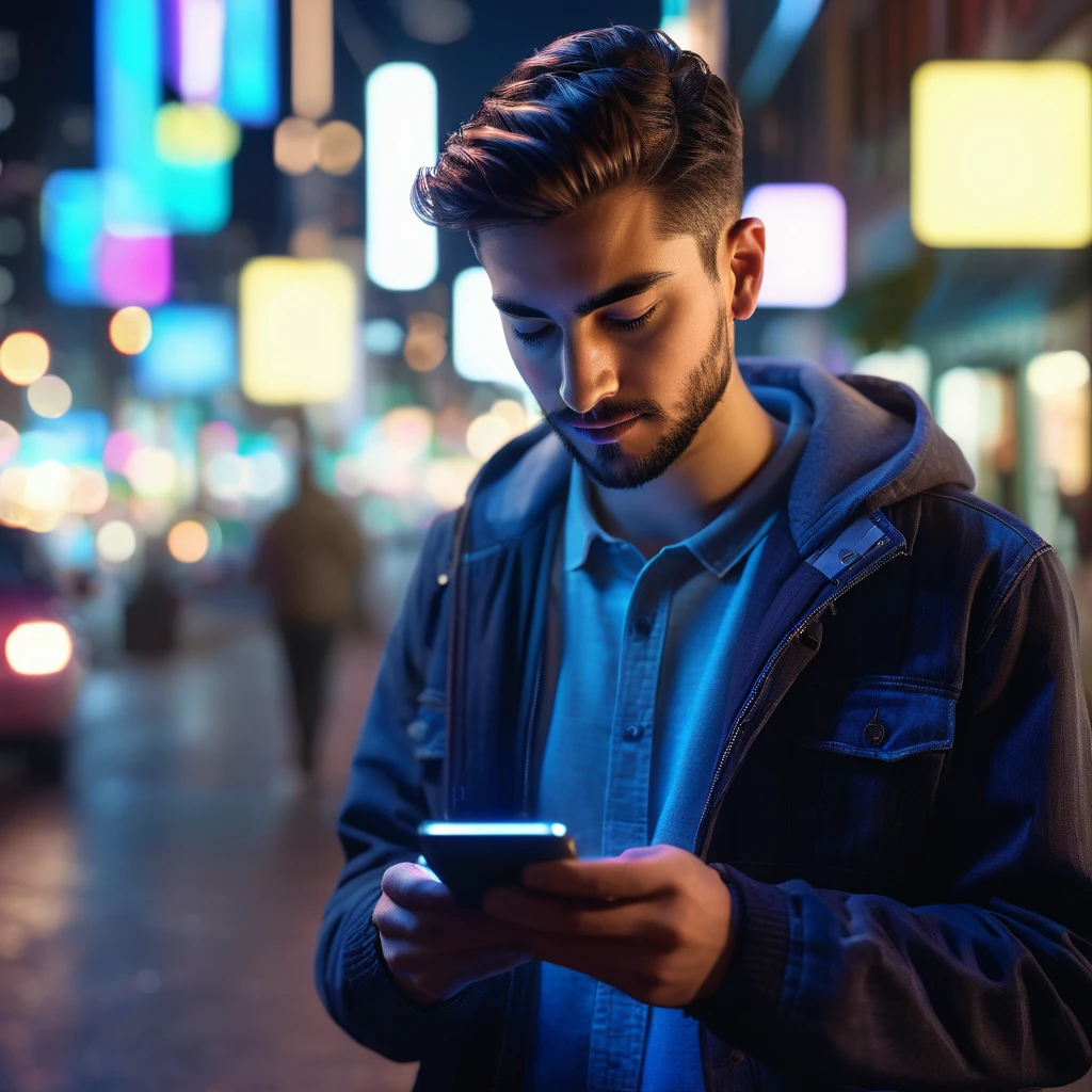 hyper realistic comercial image, a 25-year-old man typing on his cell phone on a city street at night, social media images projected in the air as holograms, bokeh light effects, lens flare effects, on a great city, 8k resolution, dramatic lighting, depht blur , greg rutkowsky style, raw photo