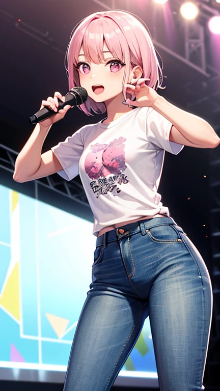 最high quality,very detailed,high quality,Extremely detailed,masterpiece,Super fine,ultra high resolution,超high quality,super delicate face,super realistic,(1 person:1.2)、woman、(Mature:1.5)、pink hair color、(pink eyes)、small breasts 、slender body, (sing:1.3), perfect face, beautiful proportions, Hold the microphone to your mouth, Stage Background、T-shirt、jeans、
