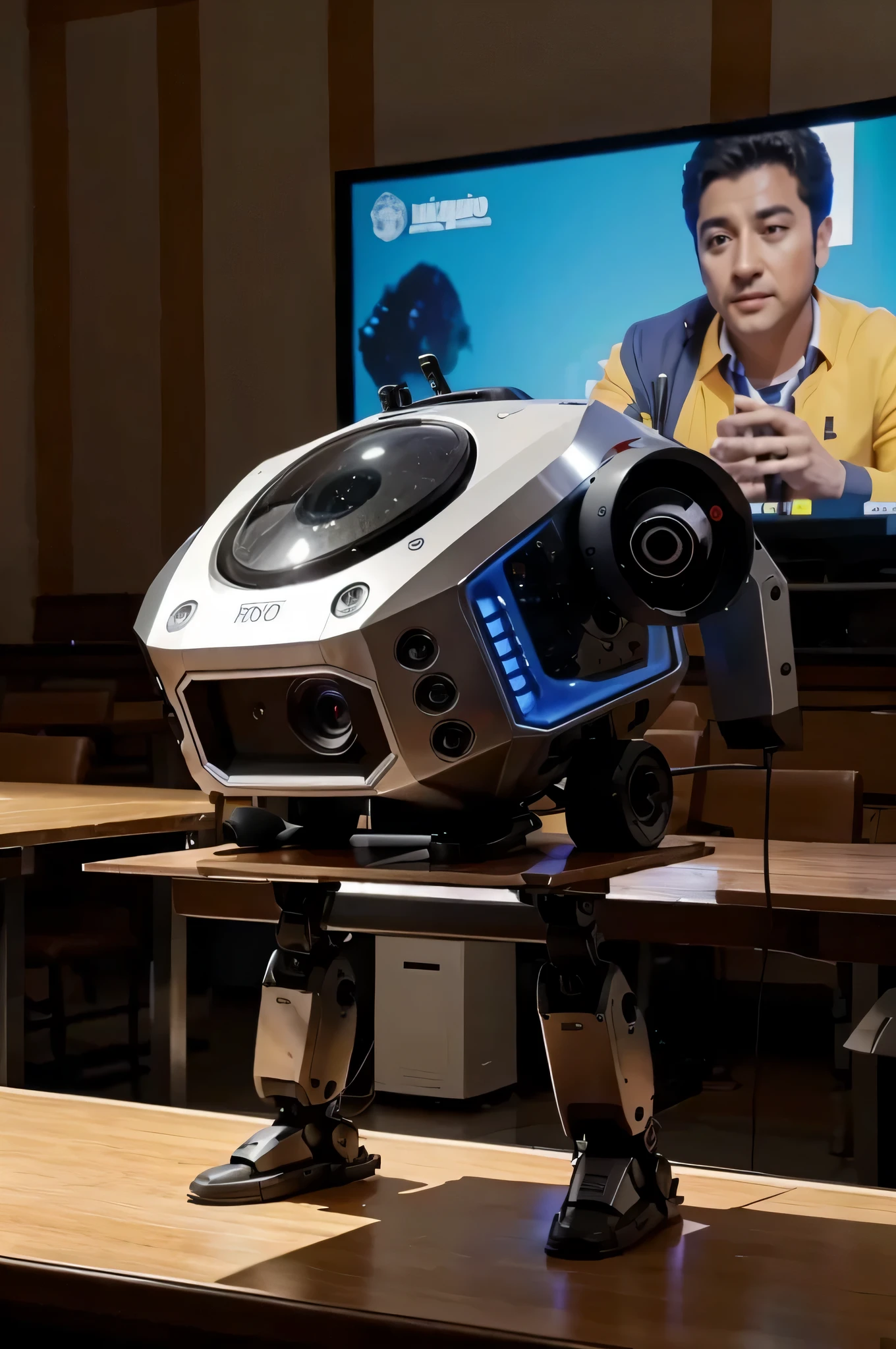 un robot ensenado a unos alumnos y un tablero como un televisor de 80 pulgadas