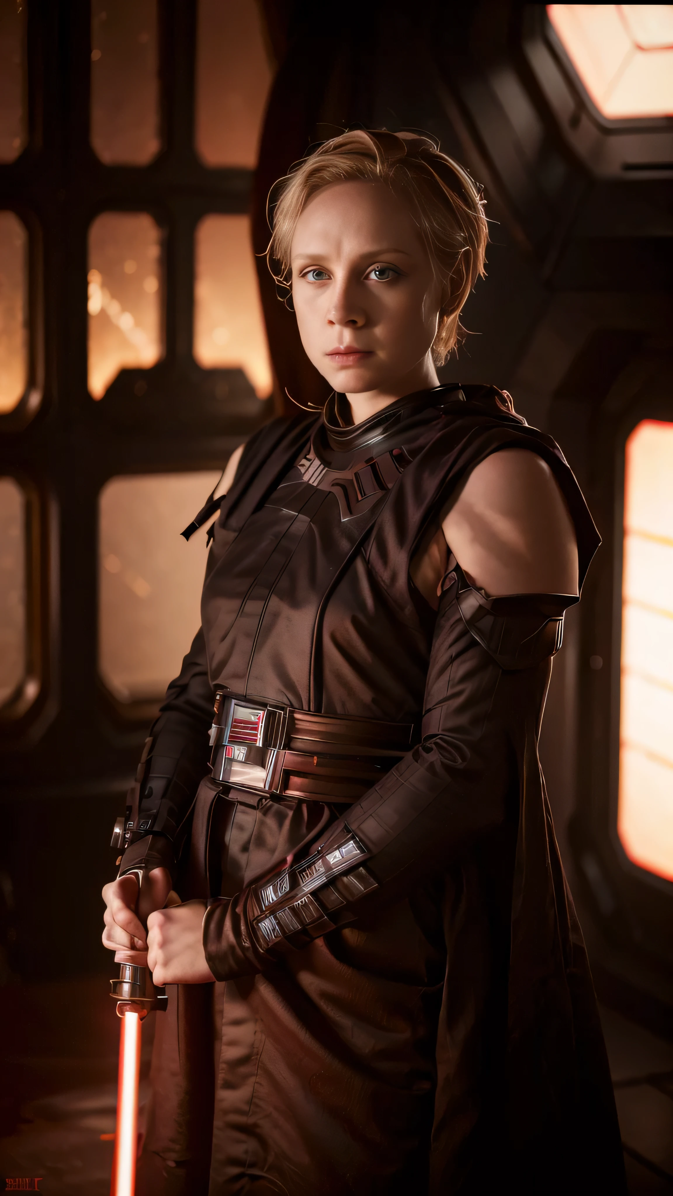 star wars style, ((gwench)) as sith, sthoutfit, red sith lightsaber, on the space ship, fire, 1woman, solo, beautiful detailed glow, detailed, cinematic light, intricate detail, realistic, highres, detailed facial features, high detail, sharp focus, smooth, aesthetic, extremely detailed, stamp, octane render
