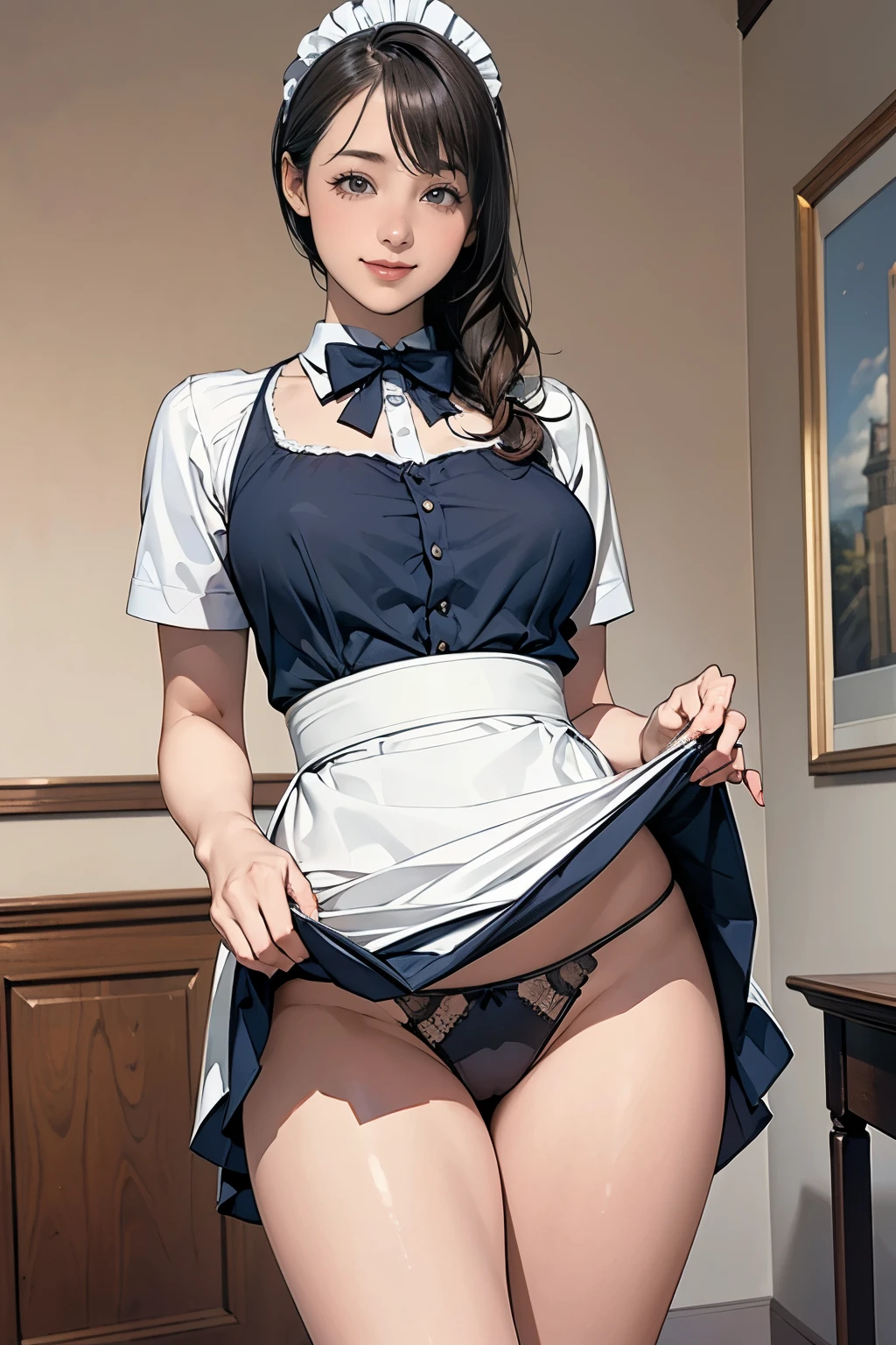 (masterpiece:1.2, highest quality), (realistic, photorealistic:1.4), beautiful illustrations、Bow tie watching the audience,Front view, (((Maid clothes))) 30 years old、perfect face, Cute symmetrical face, shiny skin,
random hairstyle、Big eyes, droopy eyes, long eyelashes、beautiful thighs、Tall and beautiful hair, beautiful face, fine and beautiful eyes, beautiful clavicle, beautiful body, beautiful breasts, beautiful thighs, beautiful feet, beautiful fingers,
((fine fabric texture)),
(beautiful scenery),(business office background), Are standing, (smile), (((skirt lift, panties are visible)))