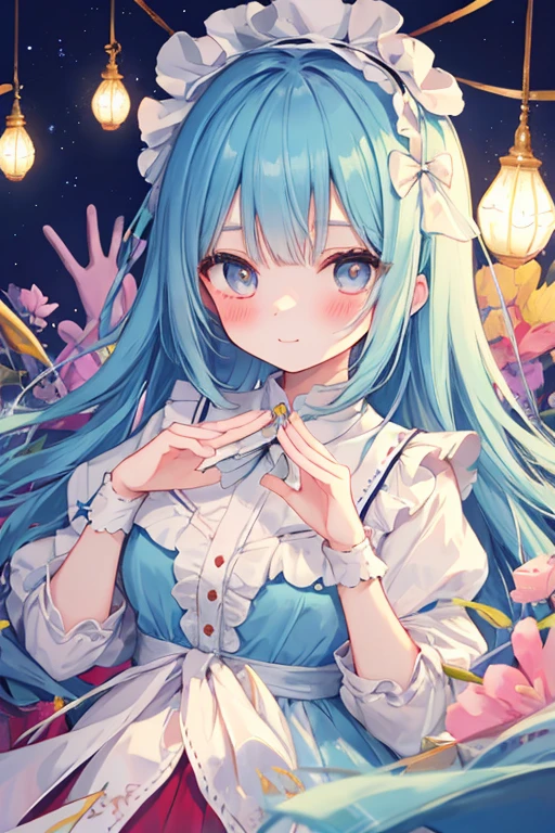 beautiful illustrations, highest quality, pretty girl,beautiful girl、clear face、 half girl、pastel colour 、blush、perfect hands、five fingers、fantasy、fantasy、alice in wonderland