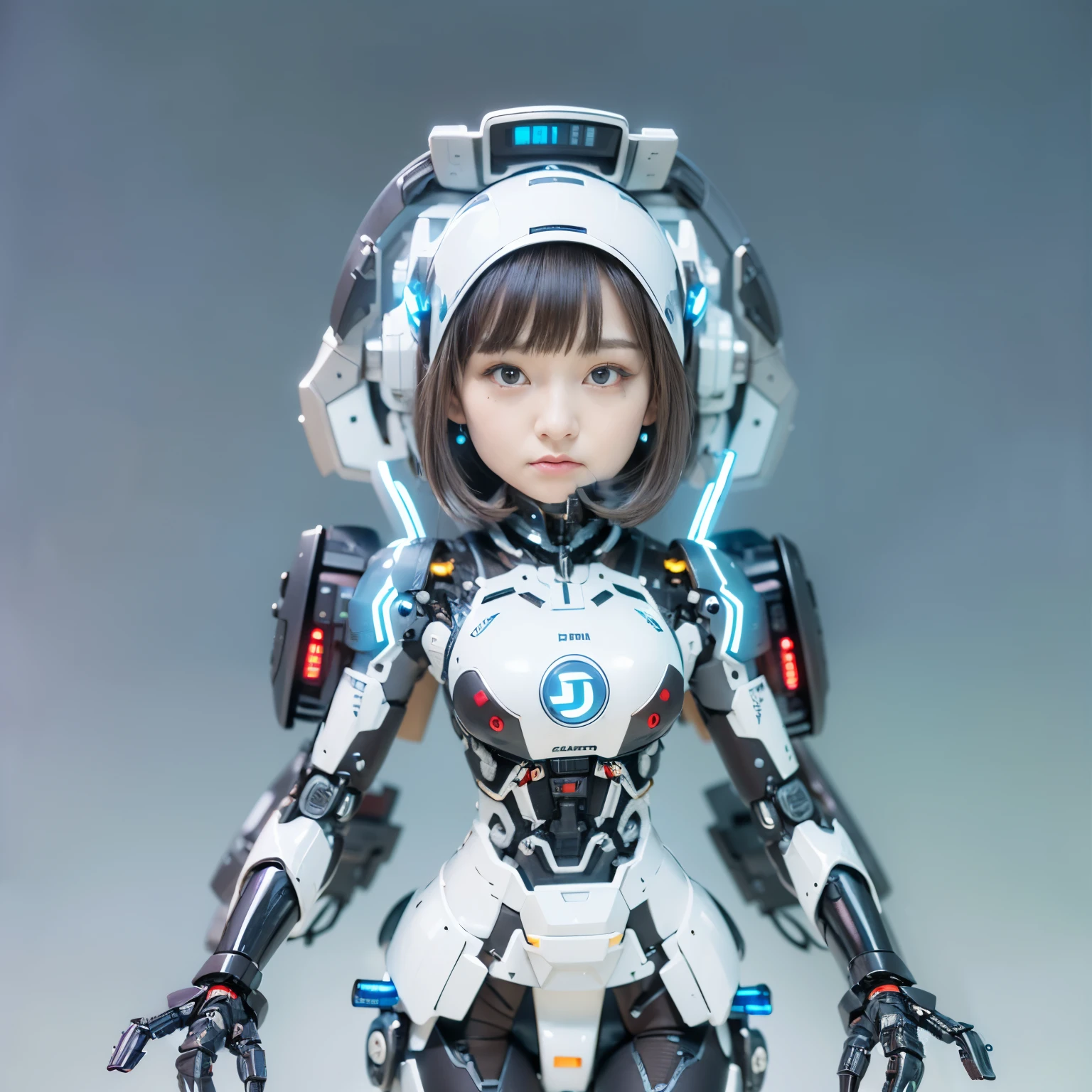 masterpiece, best quality(:1.2), extremely ultra detailed, Japanese android girl,Plump,control panels,Squat,Mechanical Hand,Robot arms and legs, black sponge joints,blunt bangs,white robot body,ceramic body,white long boots,perfect cyborg girl,charging spot,She is charging now,blue eyes, extremely ultra real texture, human-like skin, realistic hair, realistic metal texture, professional lighting, (RAWphoto), photorealistic, (extremely intricate details)