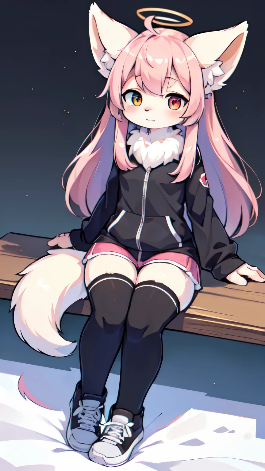 (best quality,4k,8k,highres,masterpiece:1.2),ultra-detailed,(realistic,photorealistic,photo-realistic:1.37),Kawaii, Fluffy Fox, small breasts, Pink long straight hair, long side bangs, Blue Eye, Red Eye, Heterochromia, Solo, Pink long sleeve jacket, over-sized loose blouse, Black Shorts, Pink Striped, thigh-high Socks, Grey sneakers, Body fur, Halo