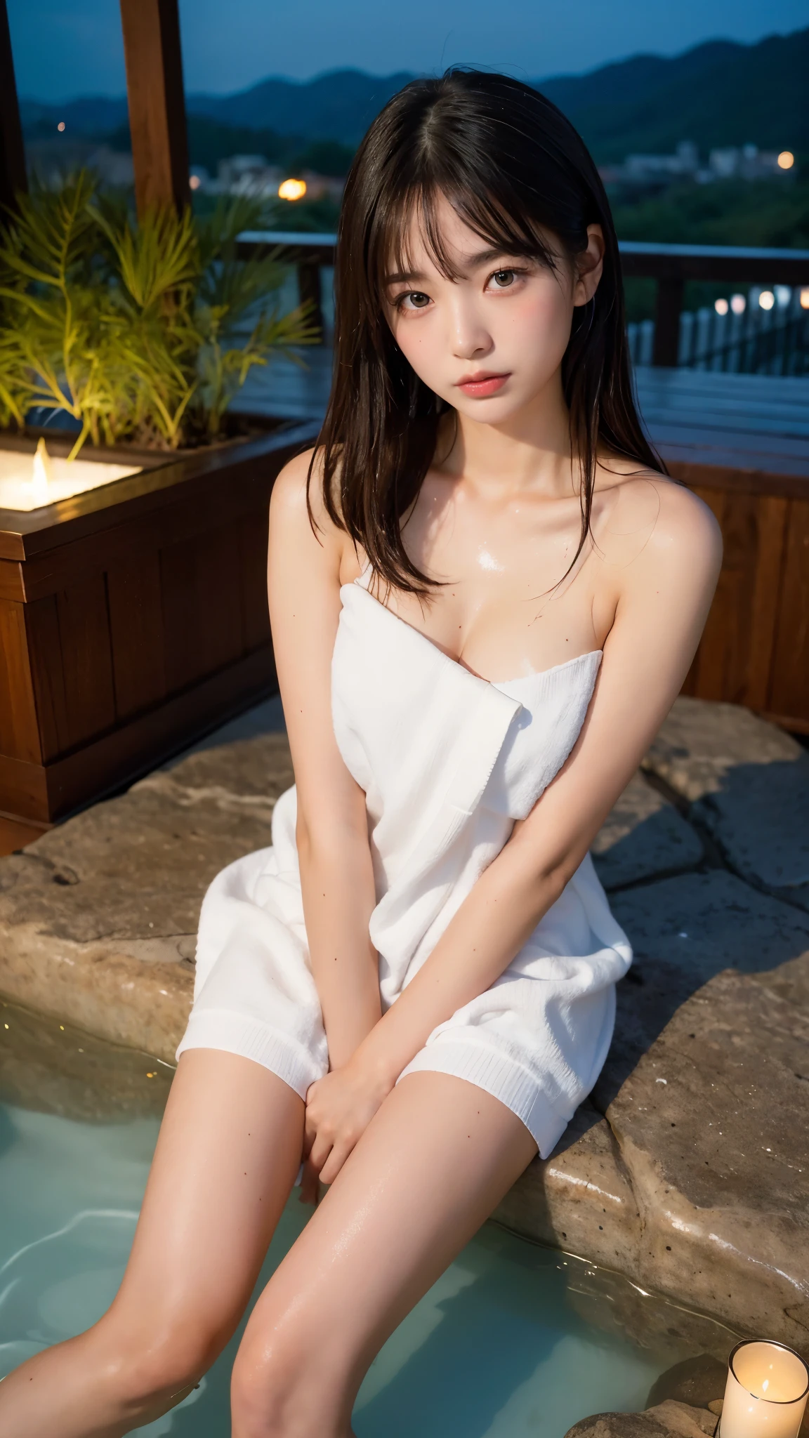 (night:1.7), east asian architecture, 1 female,sitting on the tatami, brunette colored hair，（hair between the eyes）, lip flap,  (16 years old:1.3),(beautiful shiny straight short long:1.3),beautiful fingers,beautiful long legs,beauty body，cute nose，beautiful character design，perfect eyes，Perfect face，looking at the viewer，（innocent_big_eye：1.0），（light_笑face：0.3），official art，Highly detailed CG Unity 8K wallpaper、bright_front_face_lit，（master piece:1.0),(Highest_quality:1.0), 超A high resolution,4k,super detailed, photo shoot, 8K, nffsw, High resolution, absurd:1.2, kodak portrait 400, film grain,  lens flare glow,  (beautiful_face:1.5),8K,Raw photo, 、Relax in a Japanese hot spring inn、(The subject is the first hot spring trip with a girl:1.3) (Draw an open-air bath more widely:1.2) (girls are not subjects:1.3) The hotel room is messy　(Girl standing on balcony:1.3) (hair after bath:1.3),((I was naked and placed a small handkerchief towel next to him.:1.3)) ,(hair is wet:1.3),((beautifully depicts depth and width:1.3)),((An open-air bath surrounded by a Japanese garden and giant rocks, With just two small lights.:1.3)),((You can see a beautiful starry sky.:1.3))(Hide your erogenous zones with a small handkerchief towel in the open-air bath:1.2)(girls are not subjects:1.3),((white and soft skin:1.3)),(((Looks like a whole body:1.3))(We have beds for sex.:1.2)the girl is naked in bed((The open-air bath is a wooden bathtub surrounded by large natural stones..:1.3))