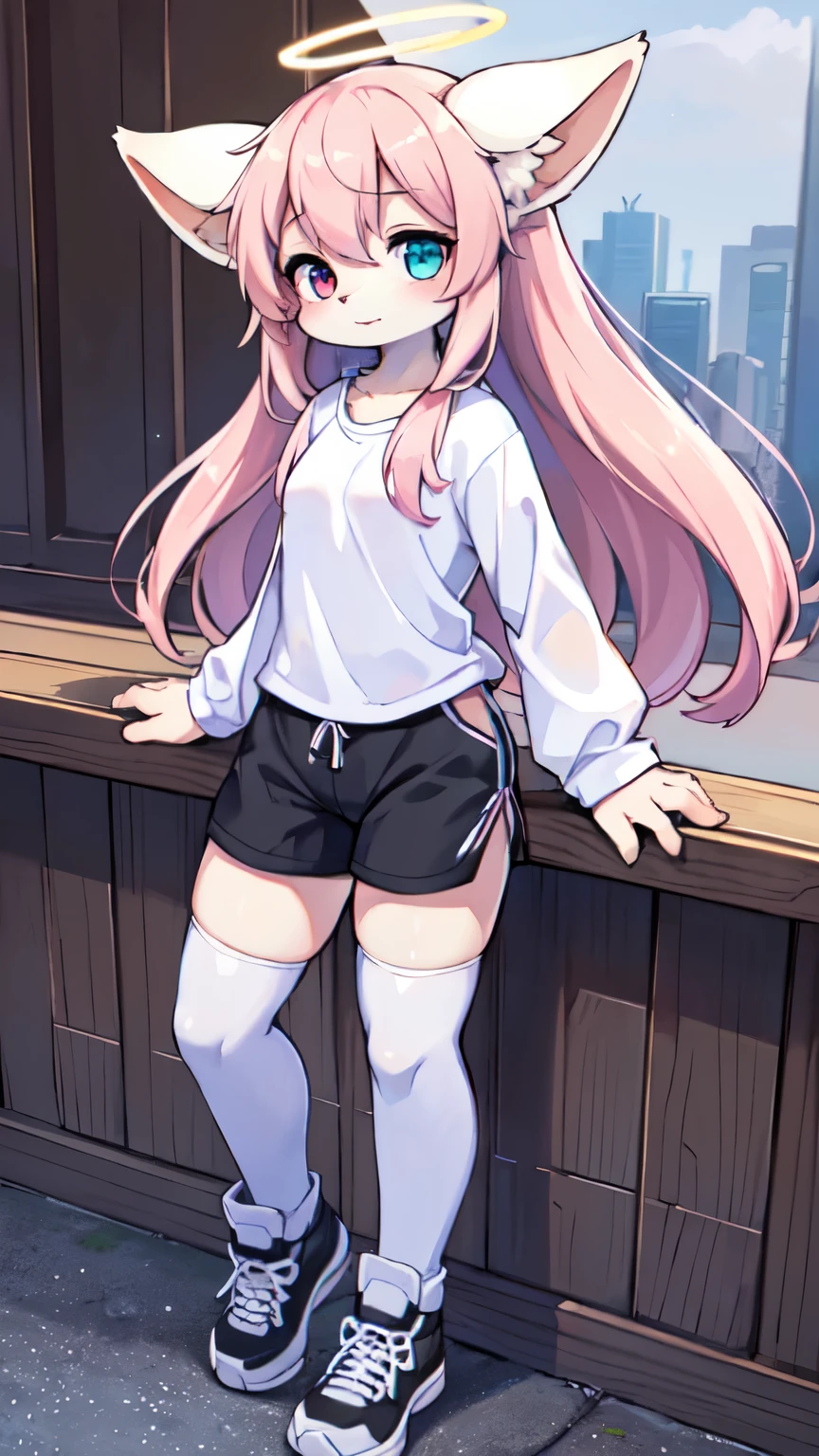 (best quality,4k,8k,highres,masterpiece:1.2),ultra-detailed,(realistic,photorealistic,photo-realistic:1.37),Kawaii, Fluffy Fox, small breasts, Pink long straight hair, long side bangs, Blue Eye, Red Eye, Heterochromia, Solo, Pink long sleeve jacket, over-sized loose blouse, Black Shorts, Pink Striped, thigh-high Socks, Grey sneakers, Body fur, Halo