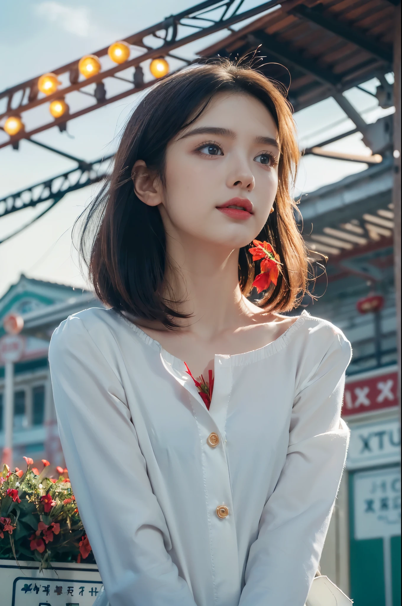 ((((8k))),((Extremely meticulous CG)) ,(wallpaper),16k,((Extremely refined and beautiful)),(((Masterpiece))),(((best qualtiy))),(((Ultra High Resolution))),beautiful light up,realistic shaded,(Smooth and flawless fair skin:1.5),(pale skin:1.3),(Extremely exquisite facial details:1.2),(perfect body:1.1),(ultra-detailed:1.5),((A beautiful girl,solo)),(small head:1.2),(shoulder-length straight bob hair:1.2),(small face:1.2),(baby face:1.3),(Exquisite makeup:1.2),(small breasts:1.2),(flat chests:1.2),((slim,thin)),(laughing:1.2),(happy:1.2),(collared shirt:1.3),(long sleeves:1.2),(cleavage:1.2),(day scene:1.2),(cloudy:1.2),(light rain:1.2),(outdoor:1.2),(early spring:1.2),(At the seaside train station full of red flowers:1.5),(On the platform:1.2),(colorful train:1.3),(detailed seaside background:1.5),(standing:1.3),(close-up of upper body:1.3),(from front:1.3),