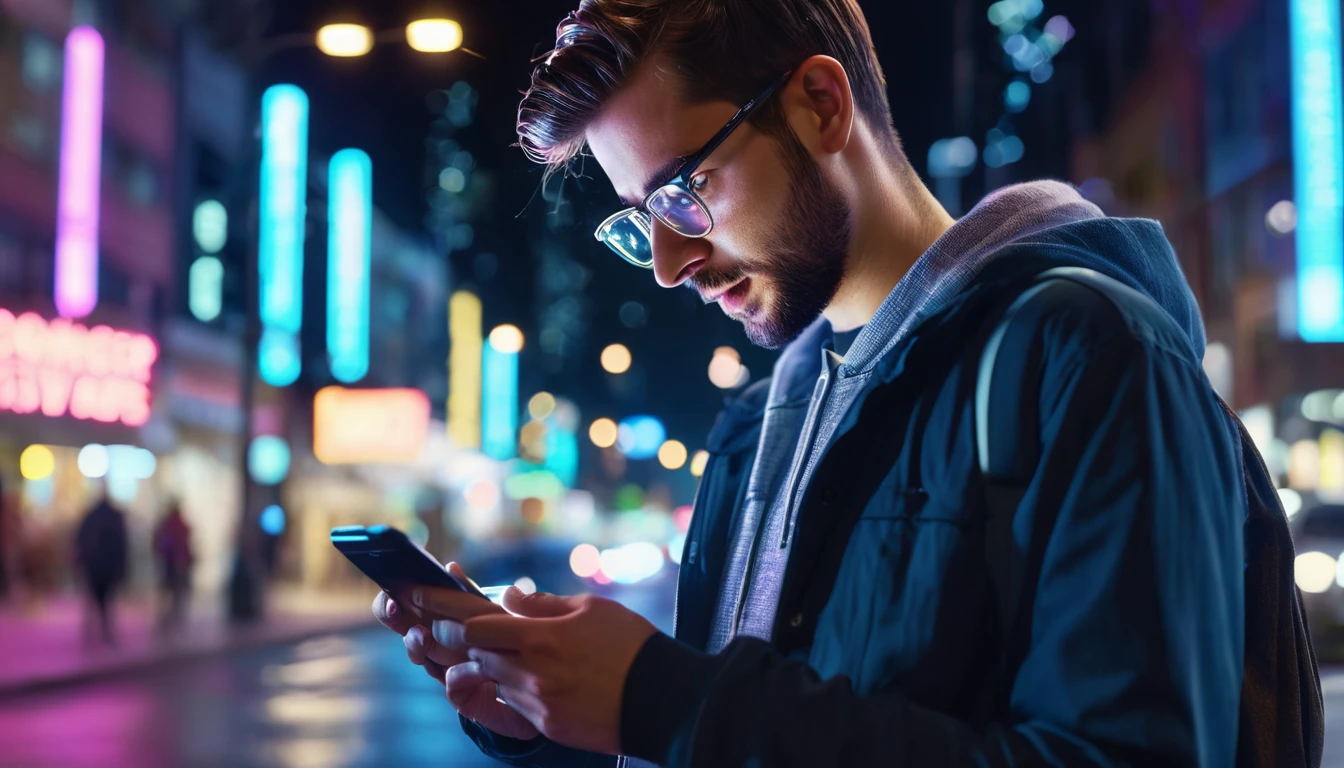 hyper realistic comercial image, a 25-year-old man typing on his cell phone on a city street at night,  social media images projected in the air as holograms, bokeh light effects, lens flare effects, on a great city, 8k resolution, dramatic lighting, depht blur , greg rutkowsky style, raw photo