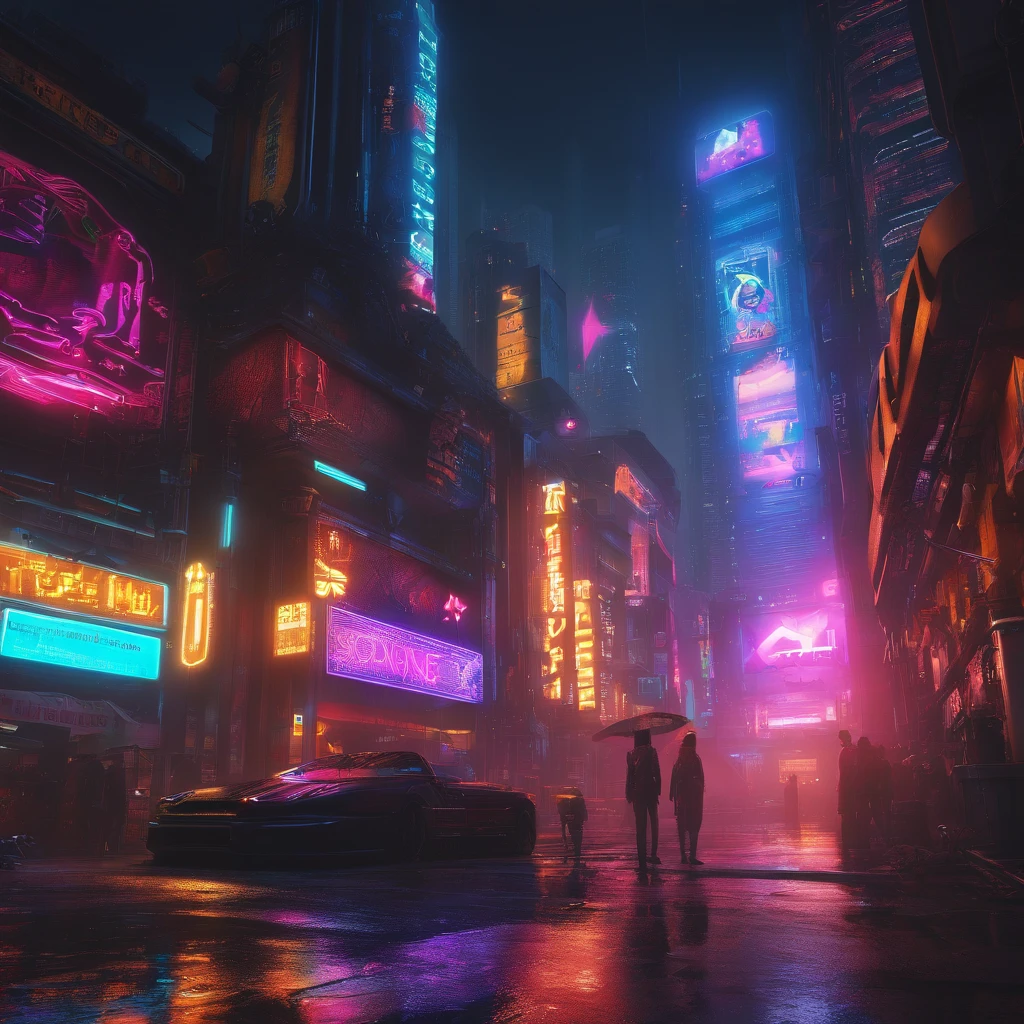 (best quality,4k,ultra-detailed,realistic,photo-realistic:1.2),cyberpunk cityscape,futuristic,neon lights,rainy street,tall buildings,dark and gritty atmosphere, figure,black trench coat,glowing signs,reflections on wet pavement,steam rising from sewer grates.