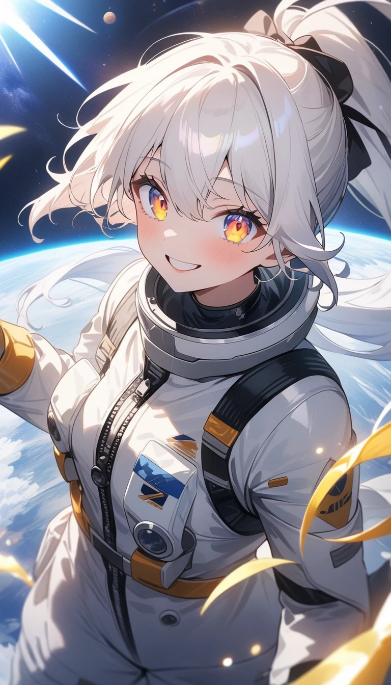 (highest quality、masterpiece、High resolution、detailed)､(Shining eyes、detailed美しい顔)､Beautiful ponytail anime girl, ,(space flight士), Beautiful anime in space suits, outer space, white haired god, exquisite details.space flight, anime 4k  、dynamic angle、beautiful anime、space travel、smile