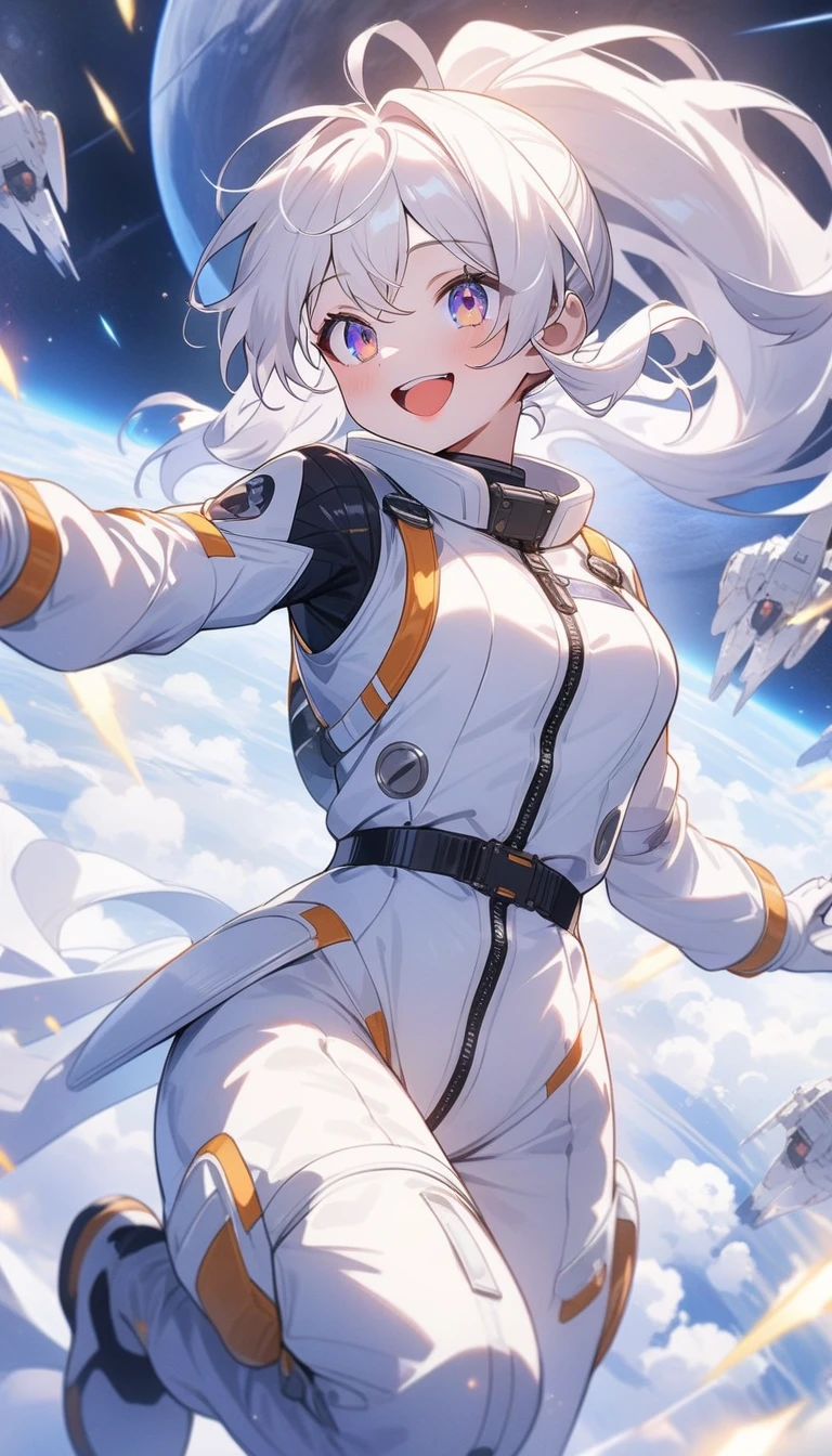 (highest quality、masterpiece、High resolution、detailed)、(Shining eyes、detailed美しい顔)、Beautiful ponytail anime girl, ,(space flight士), Beautiful anime in space suits, outer space, white haired god, exquisite details.space flight, anime 4k 、dynamic angle、beautiful anime、space travel、smile