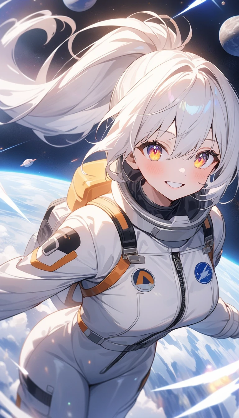 (highest quality、masterpiece、High resolution、detailed)、(Shining eyes、detailed美しい顔)、Beautiful ponytail anime girl, ,(space flight士), Beautiful anime in space suits, outer space, white haired god, exquisite details.space flight, anime 4k 、dynamic angle、beautiful anime、space travel、smile