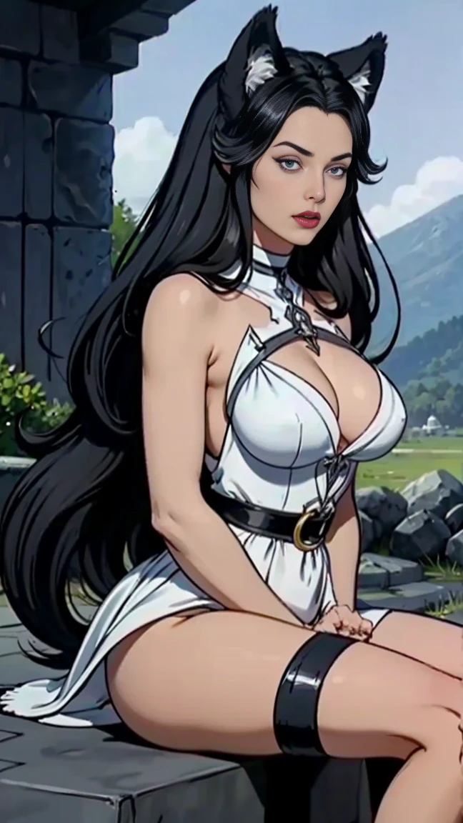 1 wolf woman, black hair, long hair, wolf ears, lifeless blue eyes, thin lips, round face, large breasts covered by chain mail, slender waist, wolf tail, fluffy tail, sitting on a stone, observing the viewer ,arrogant look,(sfw)