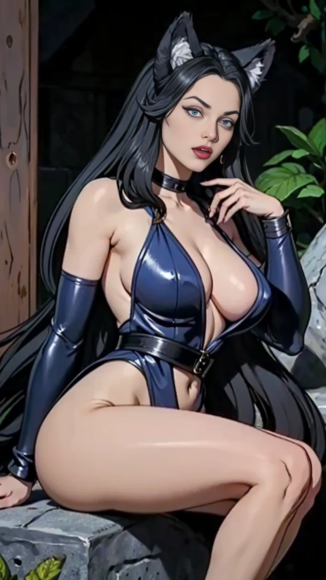 1 wolf woman, black hair, long hair, wolf ears, lifeless blue eyes, thin lips, round face, large breasts covered by chain mail, slender waist, wolf tail, fluffy tail, sitting on a stone, observing the viewer ,arrogant look,(sfw)