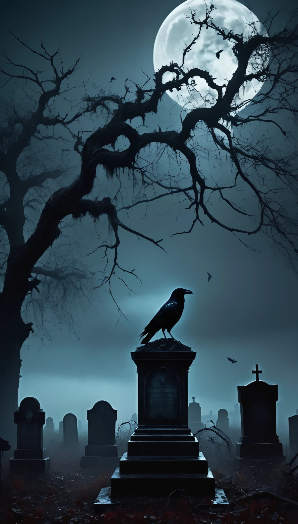 (best quality,4k,8k,highres,masterpiece:1.2),horror,dark atmosphere,creepy,ominous,raven spreading wings,skull,gravesite,haunting,twisted branches,barren landscape,bone-chilling,desolate,foreboding,dreadful,morbid,macabre,crow perched,cemetery,tombstones,moonlit,decaying,spooky,unsettling,surreal,shadows,gothic,vivid colors,disturbing,uncanny,hauntingly beautiful,shrouded in mist,ethereal,ominous lighting,nightmarish,phantasmagoric,unsettling silence,ghostly presence,dark secrets,disquieting ambiance,enchanted,phantasmal,whispering winds,deathly stillness