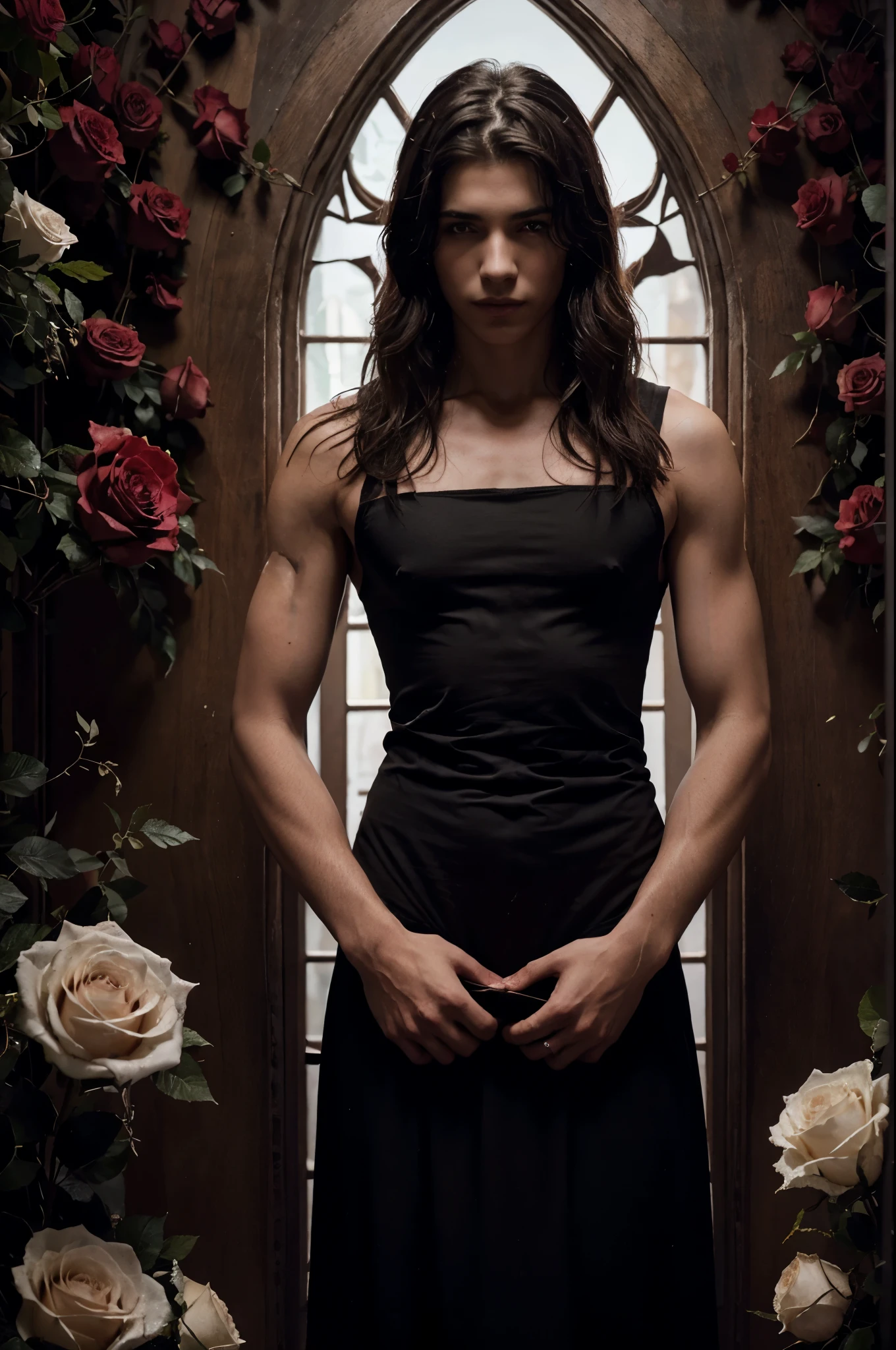 Portada de libro, este tiene las vibras dark, The cover contains an attractive and mysterious boy right in the center and surrounded by him are white roses dripping red blood, el titulo del libro es "Inefable", quiero que la portada sea de estilo semirealista, pero que sea atractiva y bonita