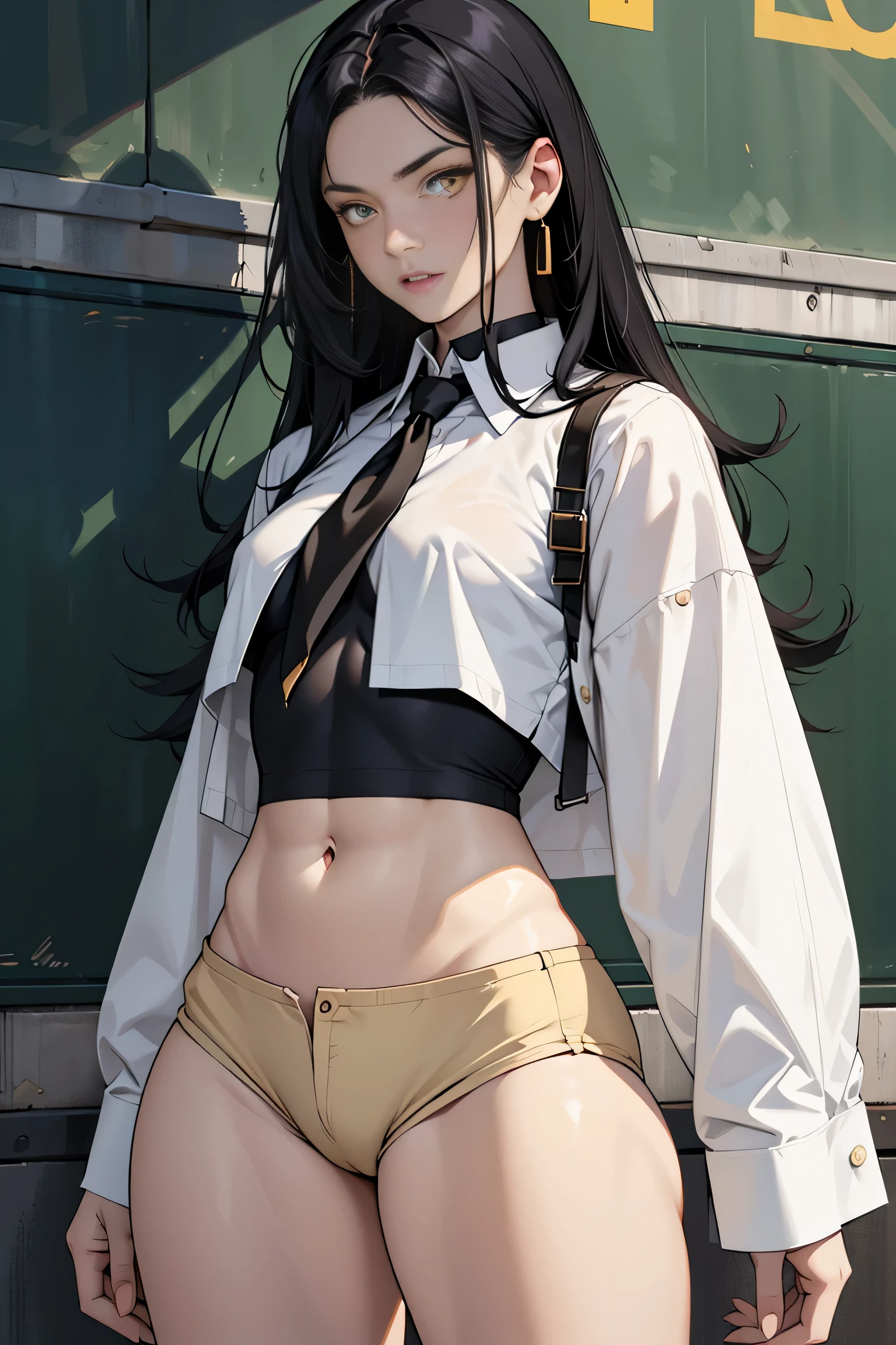 black hair, extremely long hair, yellow eyes, pale skin, muscular, large DD breasts, thick thighs, mad, Teachers uniform, 1 waifu woman, crop top shirt, open shirt, no bra, flat abs, busty,