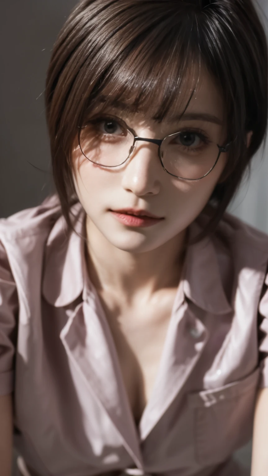 1 female,High definition,masterpiece,Highest image quality,8K,Super realistic,portrait,glasses,Pink nursing uniform,light brown hair,ecstatic expression,upward glance,looking at the viewer,front view