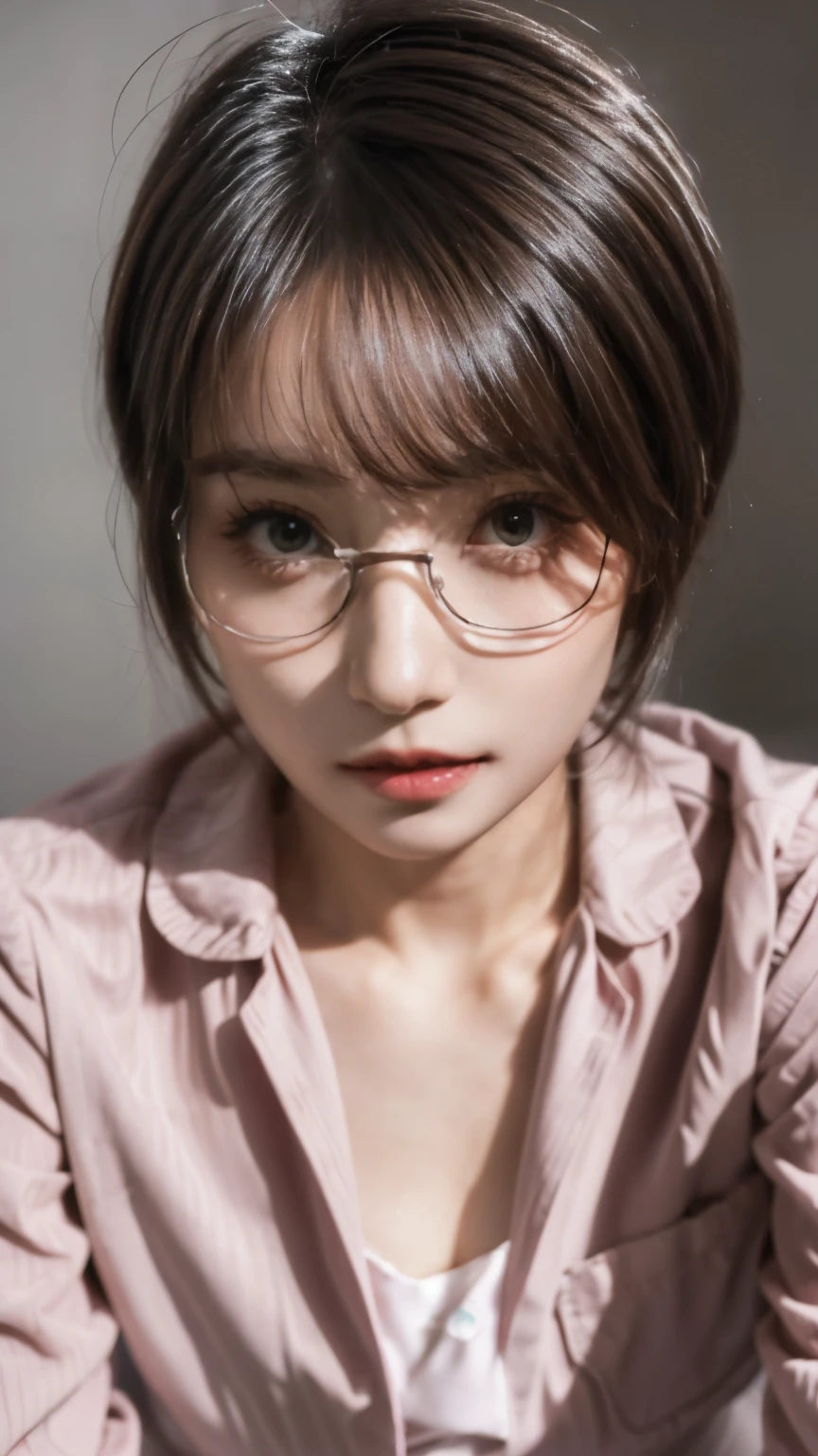 1 female,High definition,masterpiece,Highest image quality,8K,Super realistic,portrait,glasses,Pink nursing uniform,light brown hair,ecstatic expression,upward glance,looking at the viewer,front view