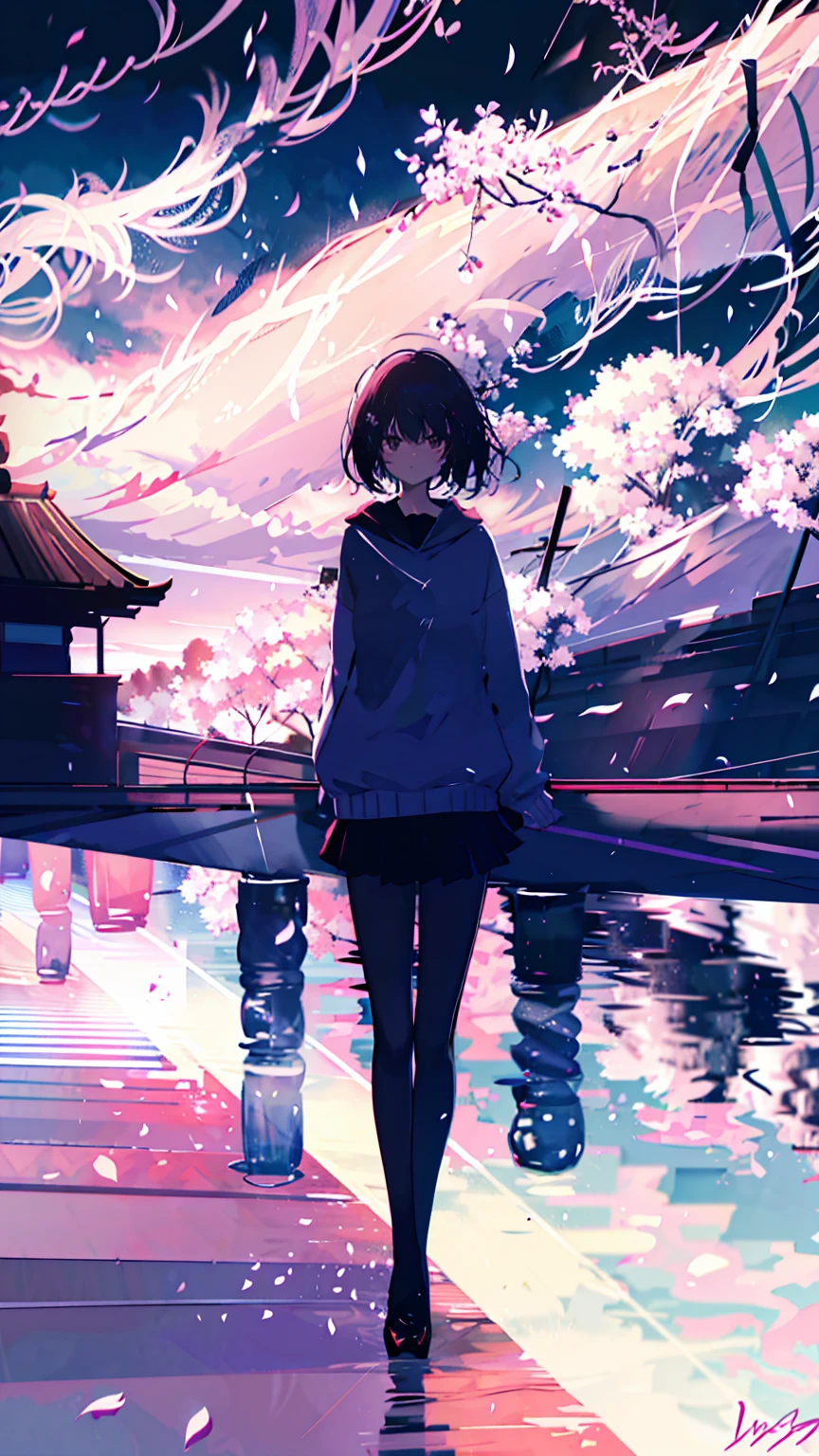 sparrow, black hair girl, wearing a sweater, black skirt, medium hair, headphone, because I&#39;thin, teen, serious face, Japanese high school girl. She is sitting at the shrine,cherry blossoms,cherry blossoms並木,long hair,radiant white skin,long hair