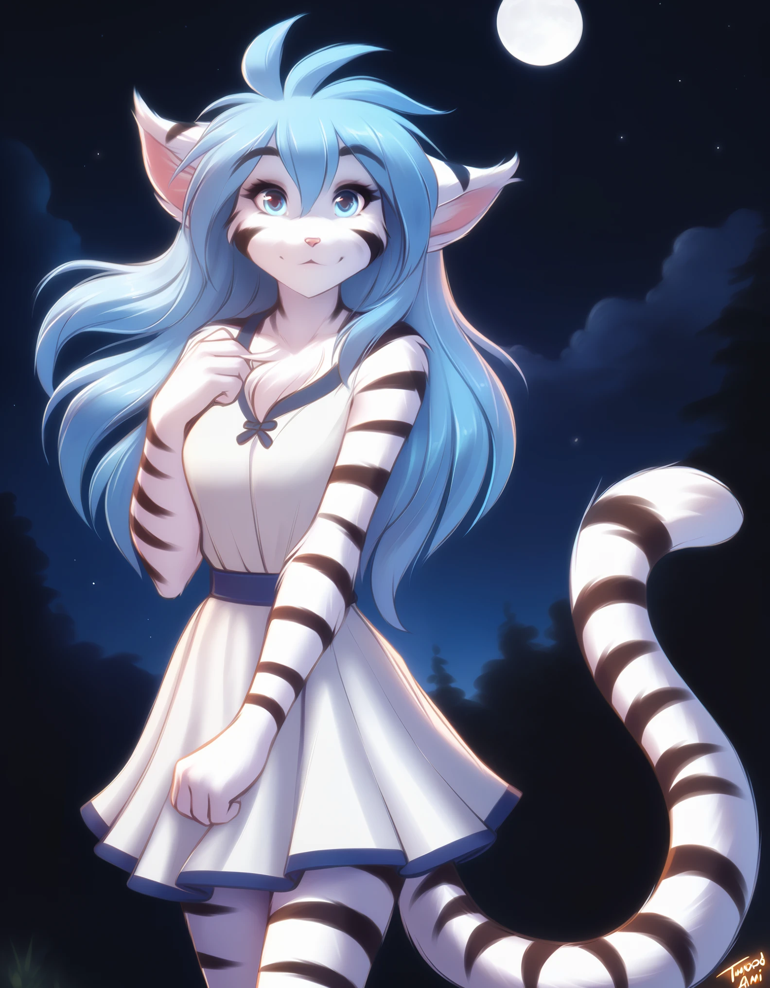 solo, tktigertrace, anthro, keidran, (white fur:1.3), striped fur, white tiger, blue hair, tiger_trace, twokinds, personalami, rating:safe, anthro, arm_tuft, white fur forest, night, stars, moon, blue eyes, long hair , tiger tail, White clothe, female, 1girl,