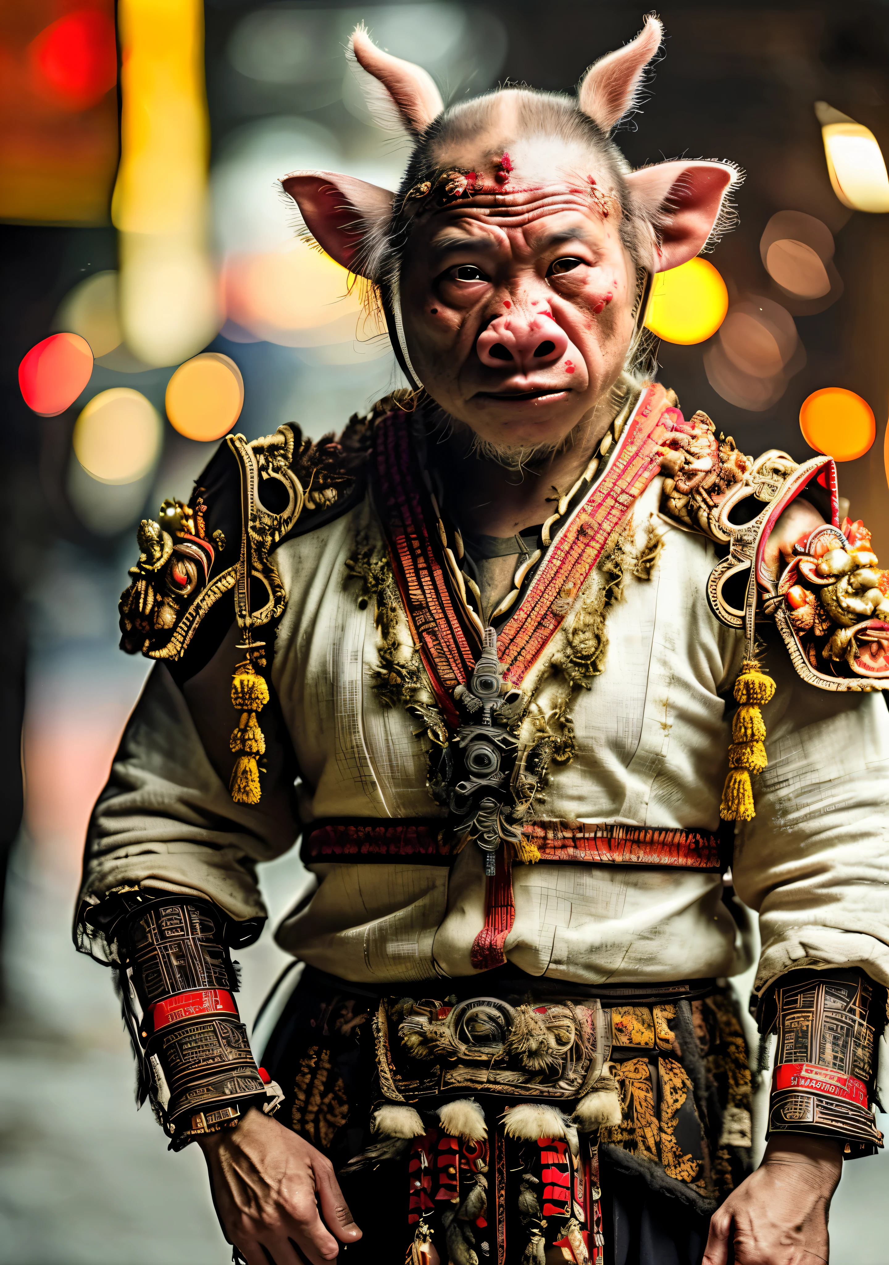 Close-up cleavage：Pig Man mixed blood warrior photo，8K，Legend of Zhu Bajie，There are scars on the face，Expressions of anger，Chop on the hand，top quality, dramatic lighting, threatening gesture, fierce look, epic atmosphere,, (((full-body shot))), cyborg, cyberpunk style, clockwork, ((intricate details)), north african trade zone, ((intricate details, Ultra-detailed)), incandescent lamp, movie shot, vignette, Bokeh effect background, (full-body shot).