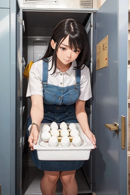 Woman putting boiled eggs into locker