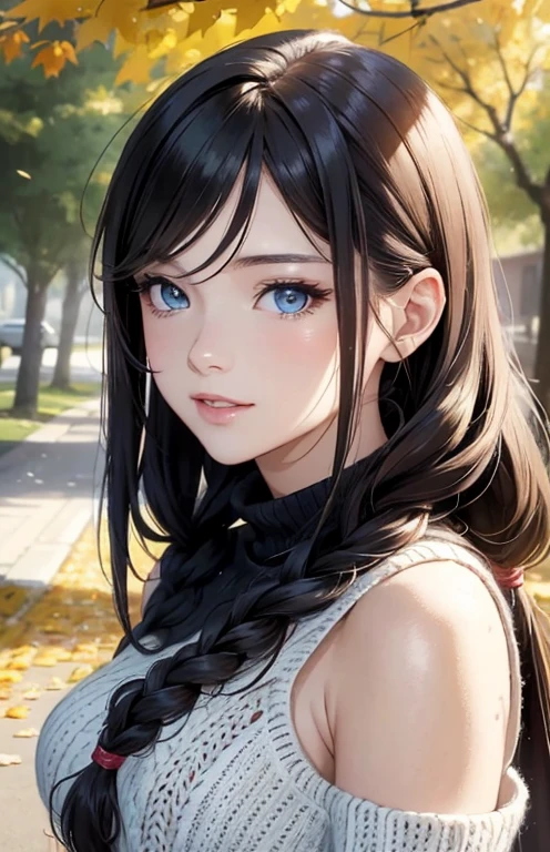 masterpiece、highest quality、High resolution、high quality images、8K, 1 female、skin luster、Texture of skin and clothing、Expression of fine eyes、shiny light brown hair,Girl with long braided hair, Manga inspired by Lee Jong-suk, trending on deviantart, realism, detailed manga style, manga art style, perfect line drawing, beautiful line drawing, digital manga art girl, K-POPアイドル, beautiful blue eyes, plump lips, detailed gorgeous face, (cute smile), charm, innocent, Side view, (perfectly detailed face), (fine hands) photorealistic images, Depth of written boundary, ponytail hairstyle, Corolla on the head , loose and light knitwear、shoulder knit , show your shoulders , I can see the cleavage , autumn leaves , autumn leaves ，美しいautumn leaves，romanticism,