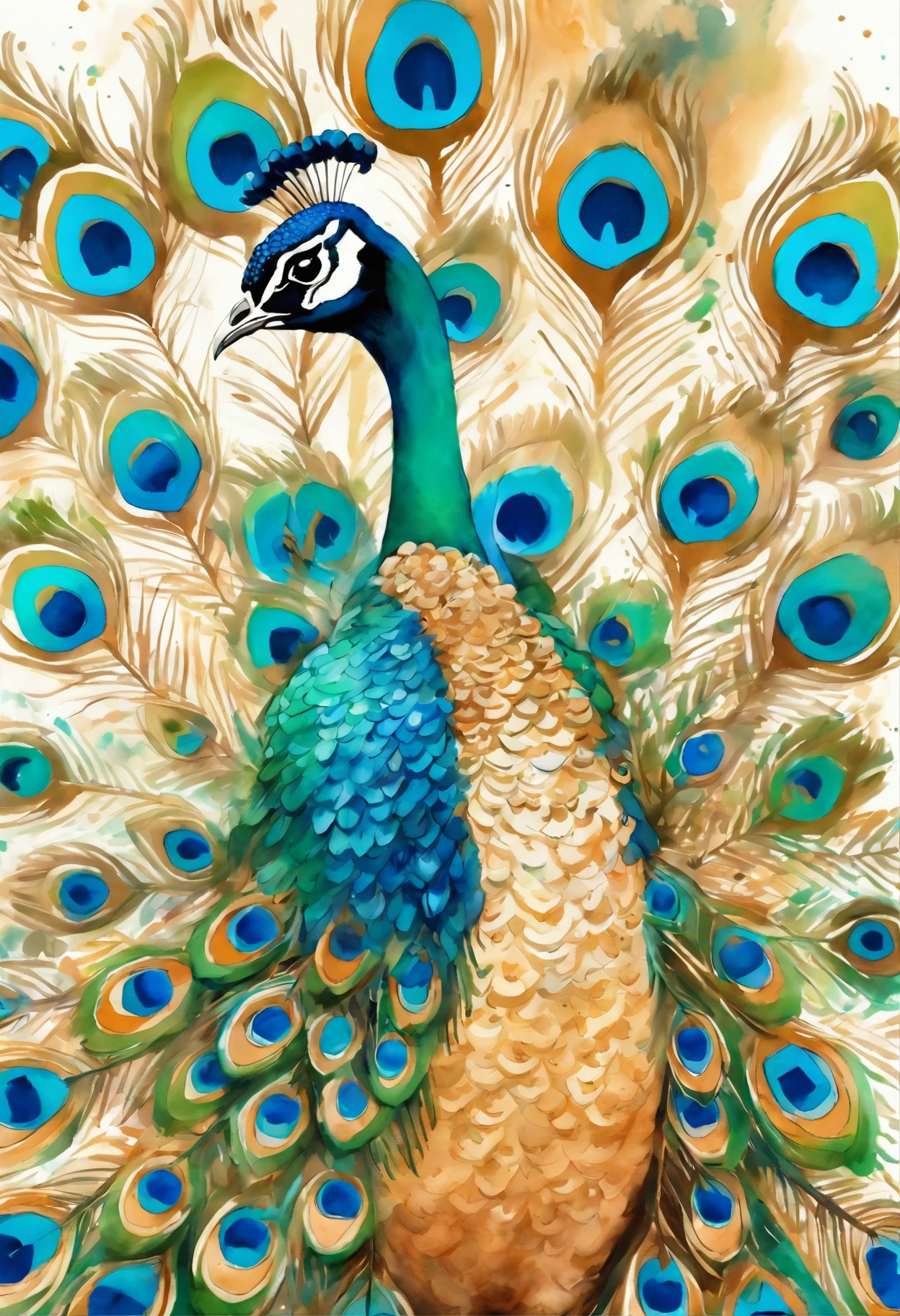 painting of a peacock with blue feathers on a white background, peacock. intricate, peacock colors, peacock, beautiful detail and color, masterful detailed watercolor, 9 peacock tails, painted in bright water colors, 9 brilliant peacock tails, water color and pen, by Charlotte Harding, watercolor and ink, by Mardi Barrie