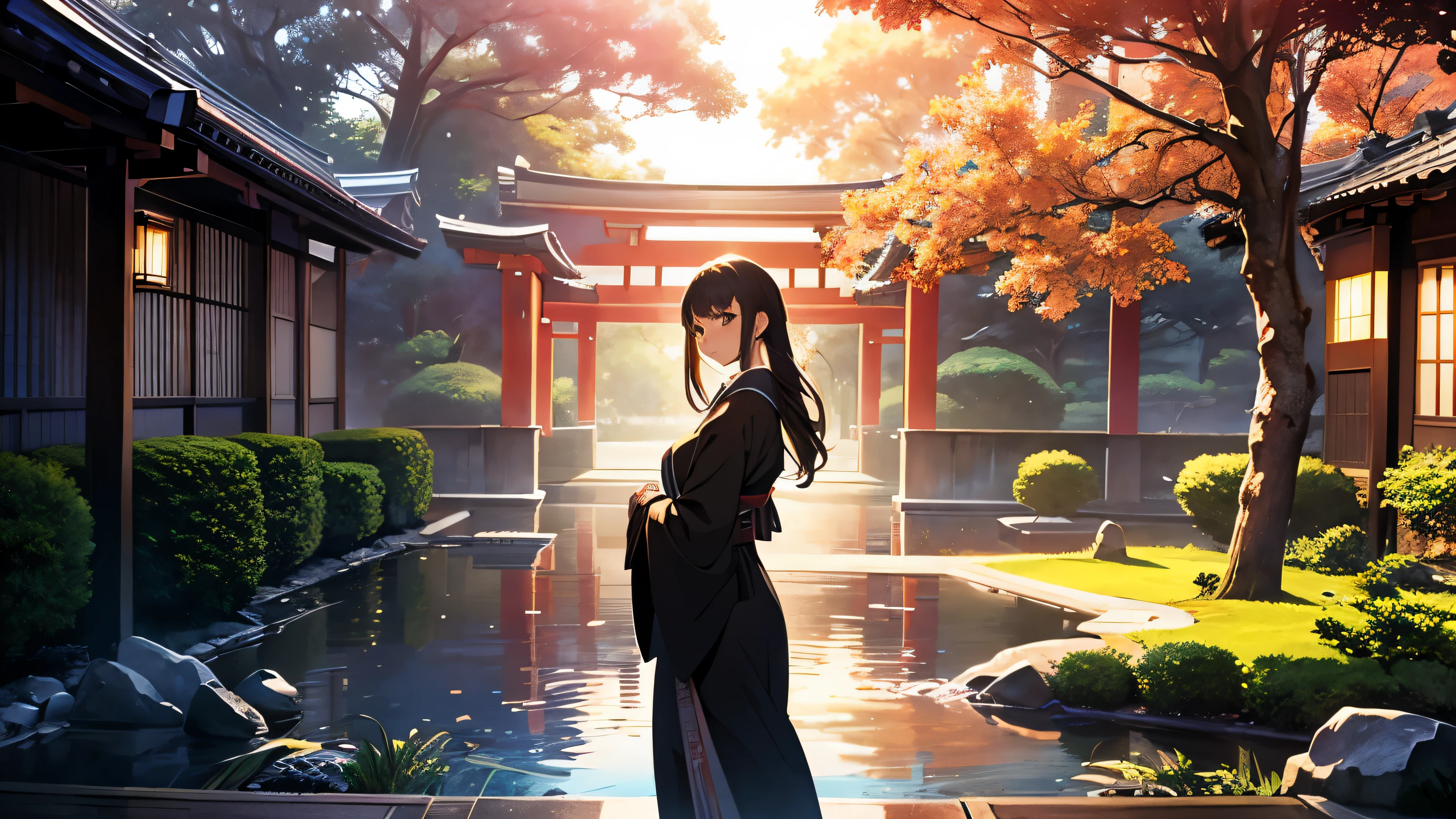 masterpiece、high quality、20’swoman、Leaning against a wall、thinking 、Japanese garden、soft light、anime portr