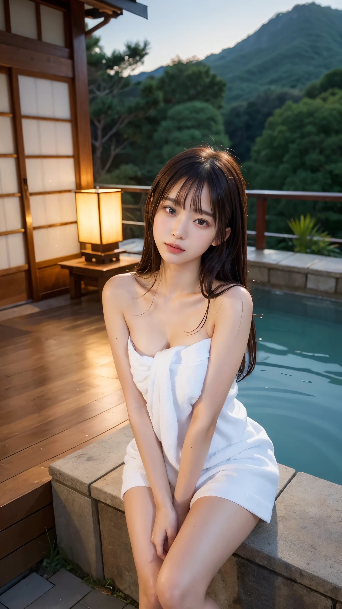 (night:1.7), East Asian architecture, 1 woman,sit on the tatami, brown colored hair，（hair between the eyes）, lip flap,  (:1.3),(beautiful shiny straight short long:1.3),beautiful fingers,beautiful long legs,beauty body，cute nose，beautiful character design，perfect eyes，Perfect face，looking at viewer，（chaste_big_eye：1.0），（light_笑face：0.3），official art，very detailed CG Unity 8k 배경화면、bright_front_face_literature，（Masterpiece:1.0),(highest_qualiteraturey:1.0), Super high resolution,4K,very detailed, Photo shoot, 8k, nffsw, high resolution, absurd:1.2, Kodak Portrait 400, film grain,  lens flare glow,  (beautiful_face:1.5),8k,RAW photos, 、Relax at a Japanese hot spring ryokan、(The topic is my first hot spring trip with a woman.:1.3) (Make the open-air bath wider:1.2) (Women are not subjects:1.3) The hotel room is a mess　(girl standing on balcony:1.3) (hair after bath:1.3),((I was naked and I had a small handkerchief towel next to me..:1.3)) ,(hair is wet:1.3),((beautifully depicts depth and width:1.3)),((Open-air bath surrounded by a Japanese garden and huge rocks, With just two small lights.:1.3)),((You can see a beautiful starry sky.:1.3))(Hide your erogenous zones with a small handkerchief or towel in an open-air bath.:1.2)(Women are not subjects:1.3),((White, soft skin:1.3)),(((It&#39;s like a whole thing:1.3))(There&#39;s even a bed for sex..:1.2)The woman is naked in bed((The open-air bath is a wooden bathtub surrounded by large natural stones....:1.3))