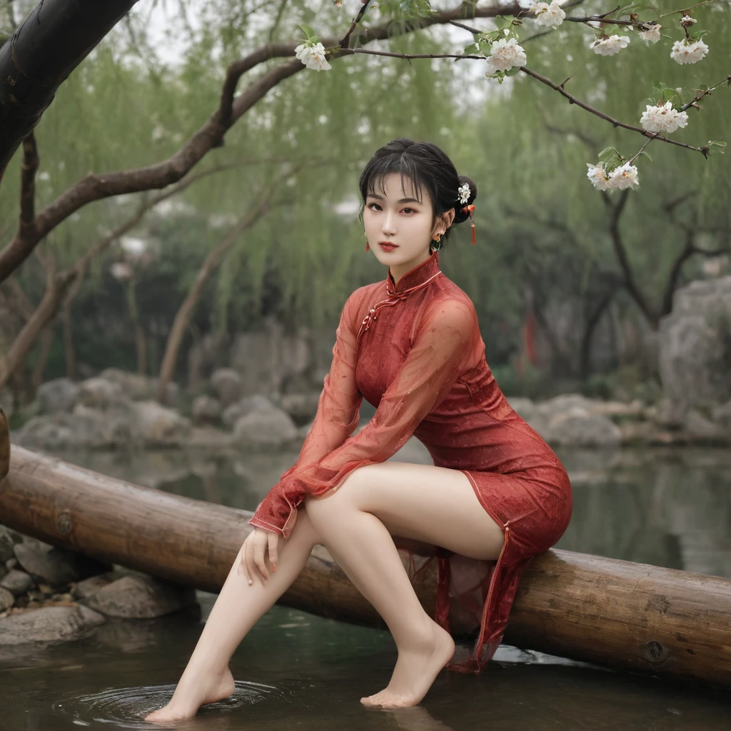 raw photo, realistic, chunli wears thin wet transparent red qipao, light smile, (extreme detailed face, detailed skin), slim body, tight waist, thin thighs, thin legs, huge round breasts, pearl earrings, double hair bun, silk bandeau, thin wet stockings, show thighs, show feet, full body shot, kungfu pose in Chinese garden with blooming plum tree and bamboos, soft lights on face, dusk, light rainy, warm tone.